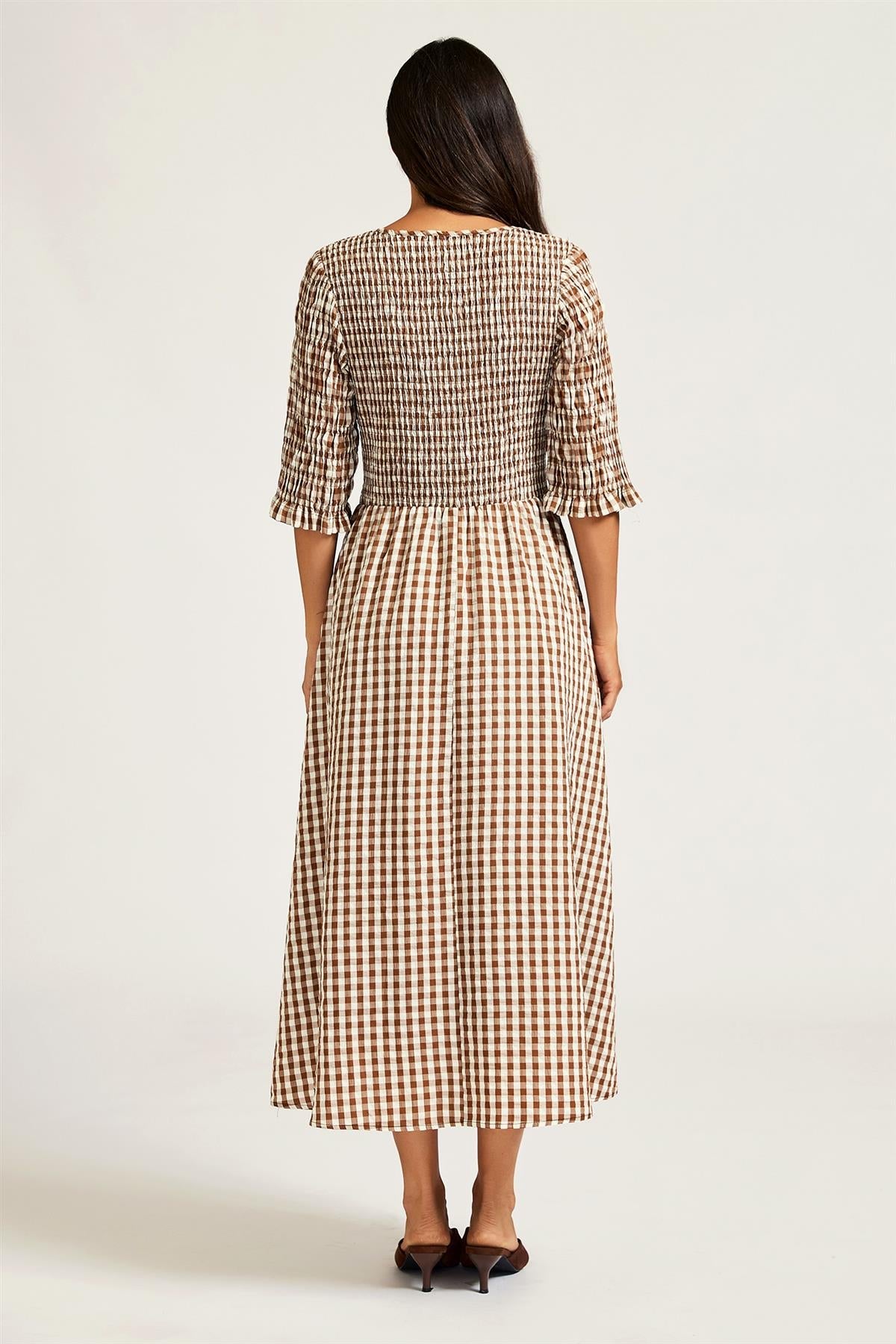 FS Collection Check Print V Neck Half Sleeve Midi Dress In Brown