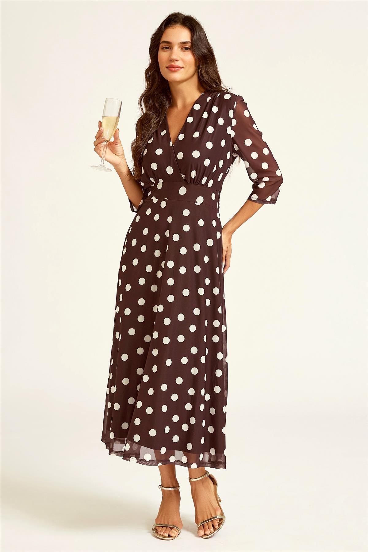 FS Collection Polka Dot Mesh Wrap Neck 3/4 Sleeve Midi Dress In Brown