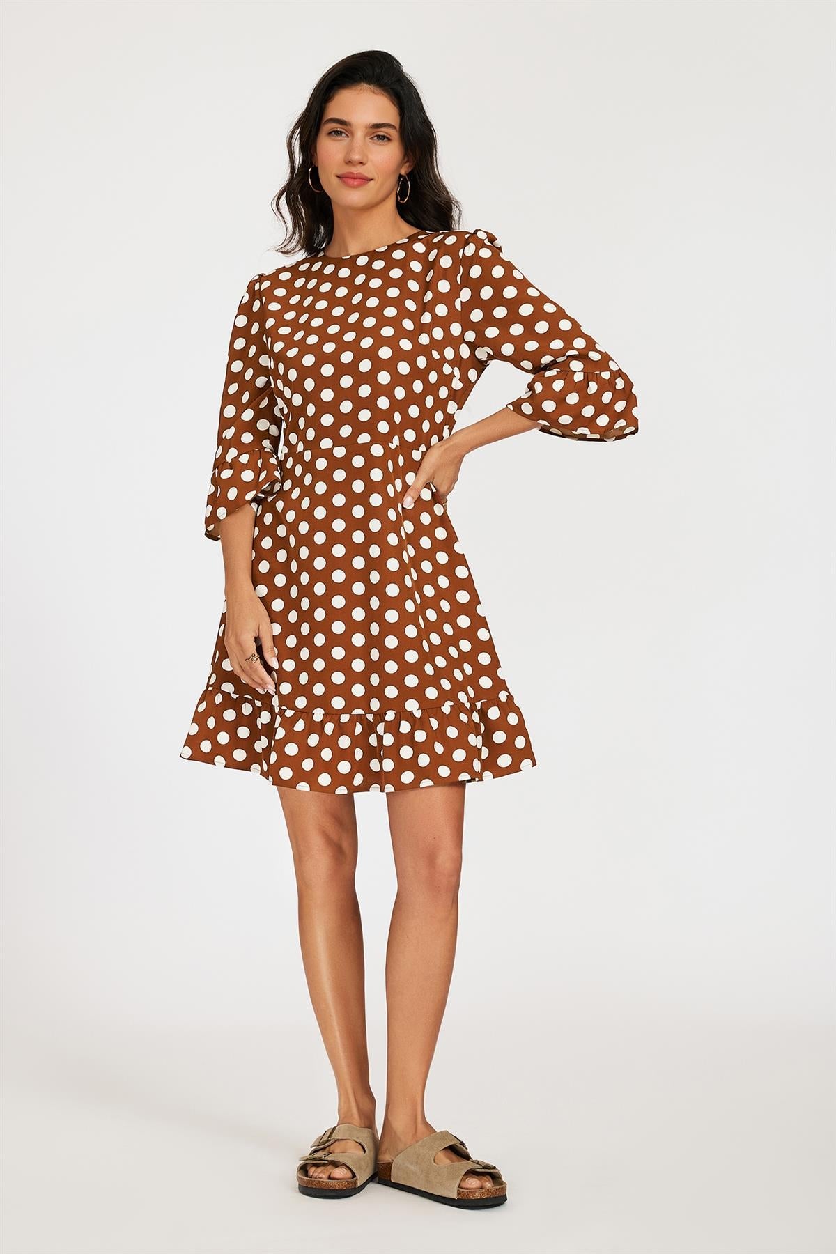 FS Collection Polka Dot Print Frill Detail Mini Dress In Brown