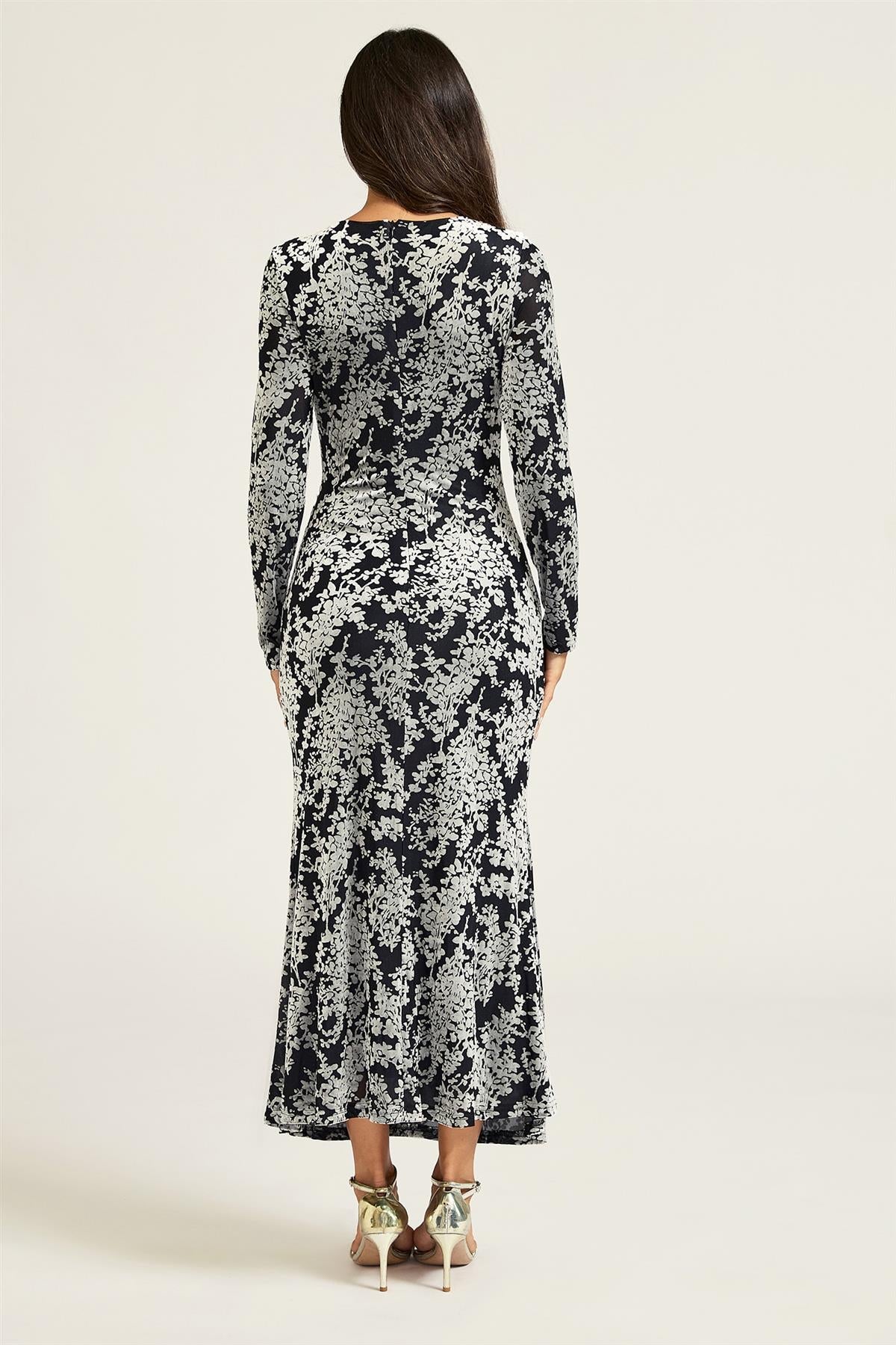 FS Collection Silver Floral Velvet Devore Long Sleeve Wrap Midi Dress In Black