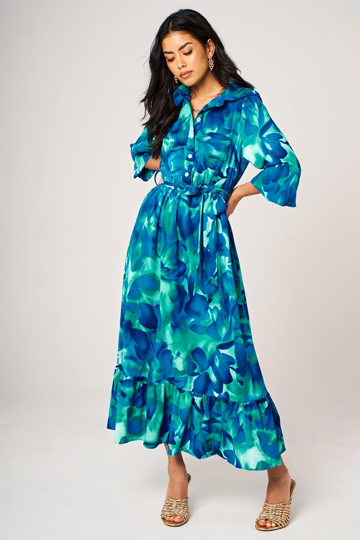 FS Collection Abstract Floral Print Hem Detail Shirt Midi Dress With Tie Waist In Blue