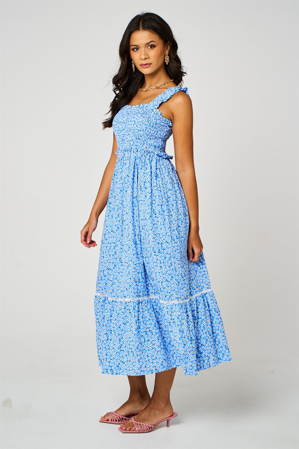 FS Collection Little Floral Print Hem Detail Maxi Dress In Blue