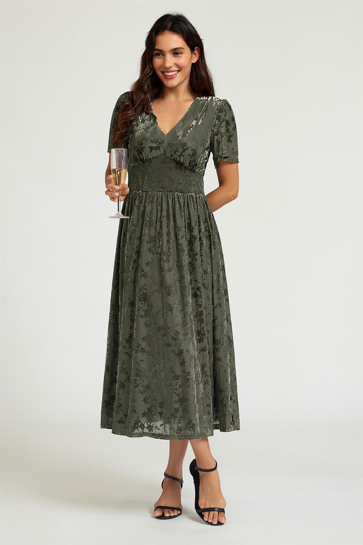 FS Collection Dark Sage Velvet Burnout V-Neck Angel Sleeve Midi Dress