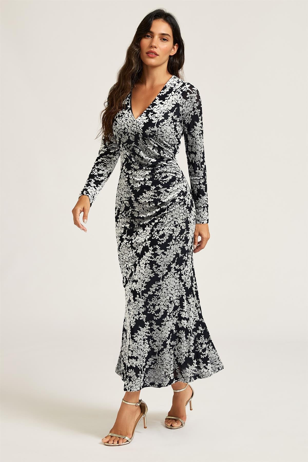 FS Collection Silver Floral Velvet Devore Long Sleeve Wrap Midi Dress In Black