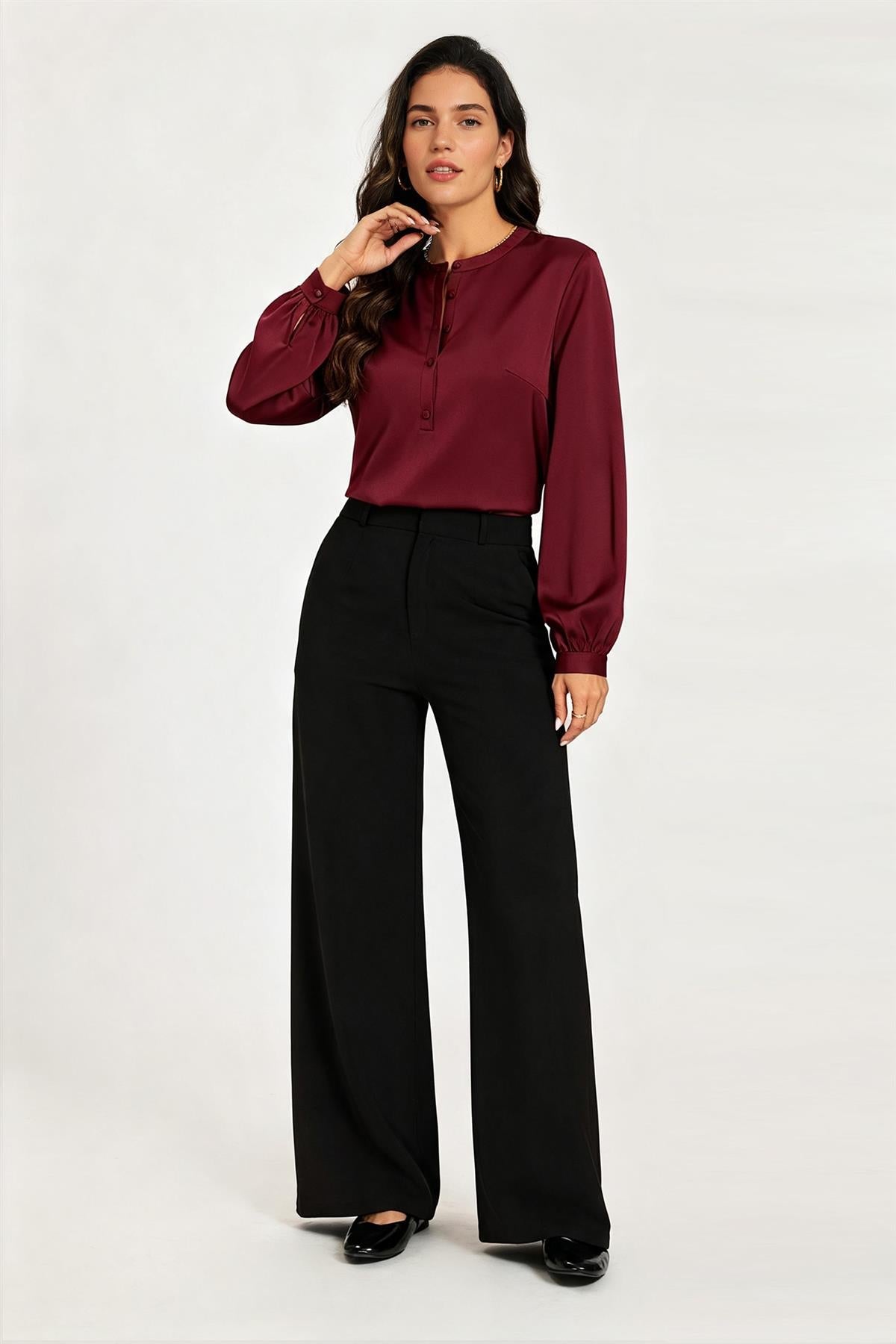 Long Sleeve Satin Blouse Top In Wine