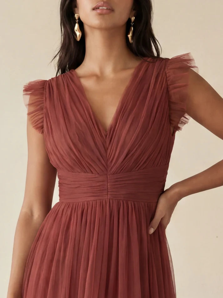 Anaya With Love Rusted Rose Flutter Sleeve Tulle Maxi Dress