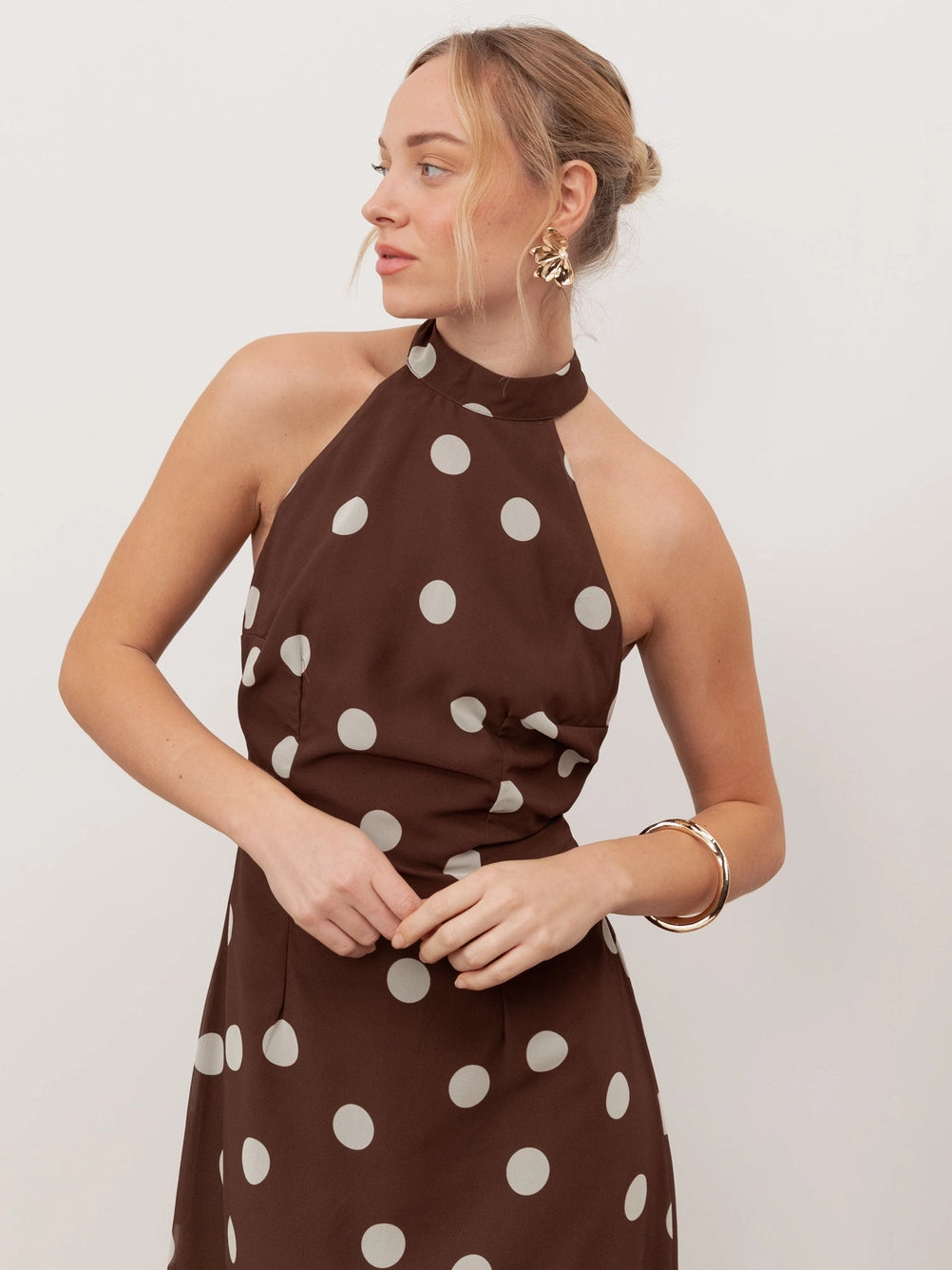 anaya with love halter maxi dress Anaya With Love Halterneck Brown Polka Dot Maxi Dress Love My Apparel