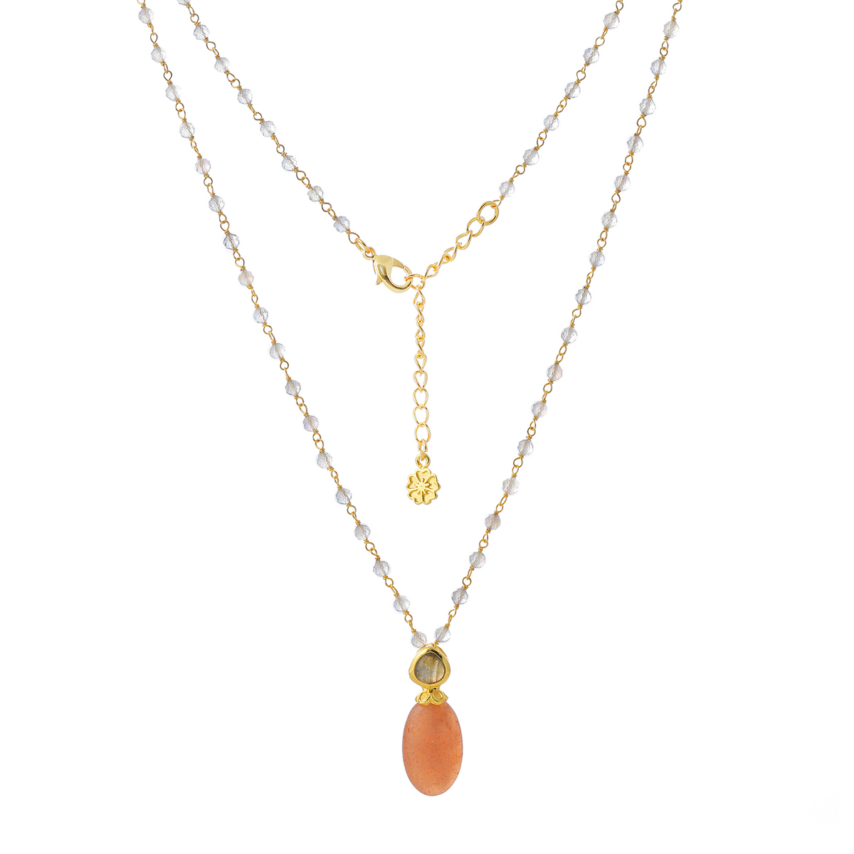 Persephone Double Gemstone Beaded Chain Necklace Peach Moonstone & Labradorite