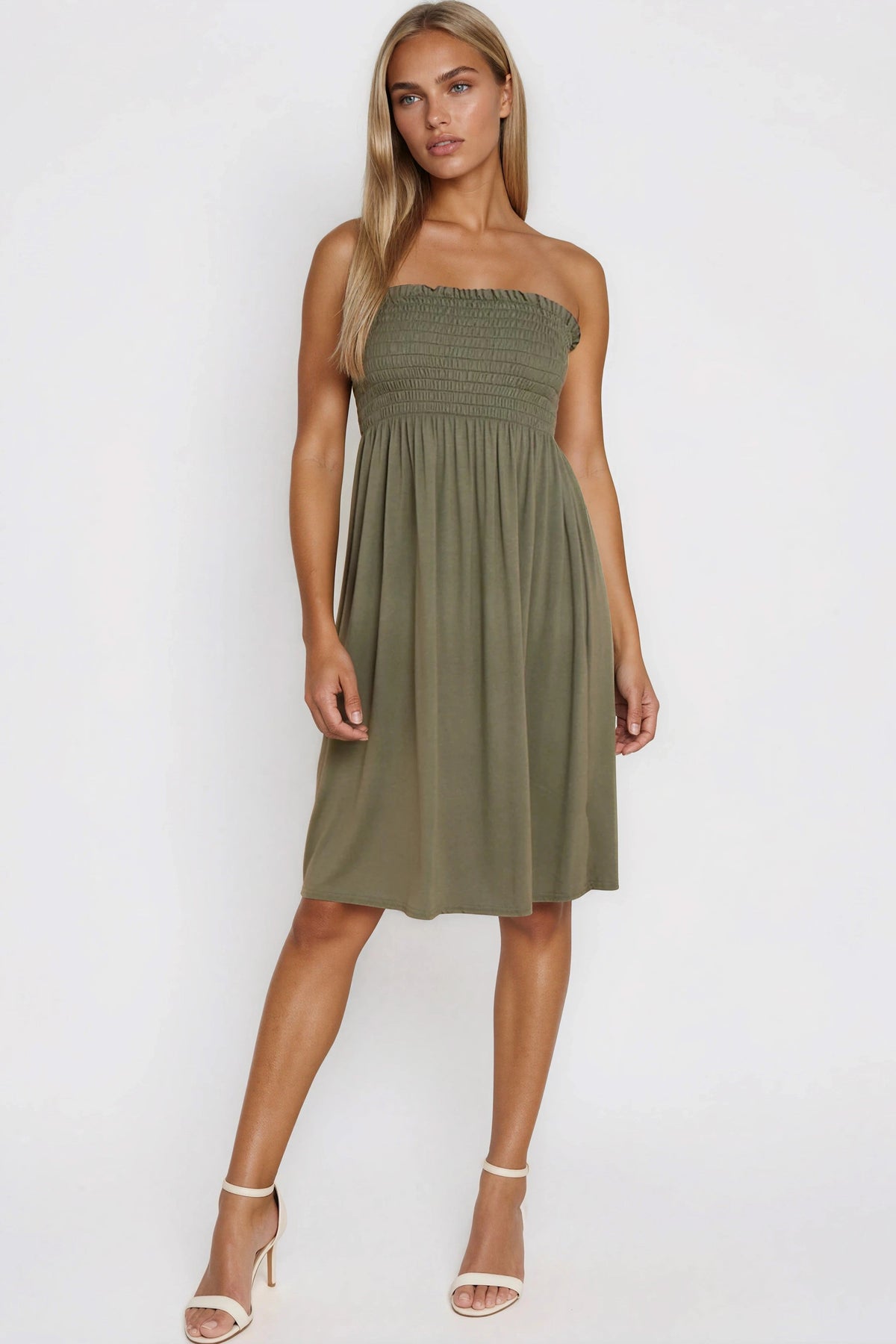 Aftershock London Khaki Shirred Bandeau Mini Dress