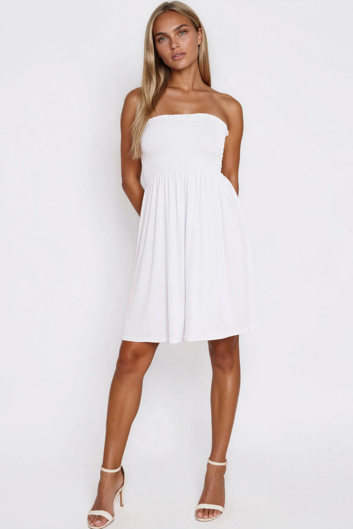 Aftershock London White Shirred Bandeau Mini Dress