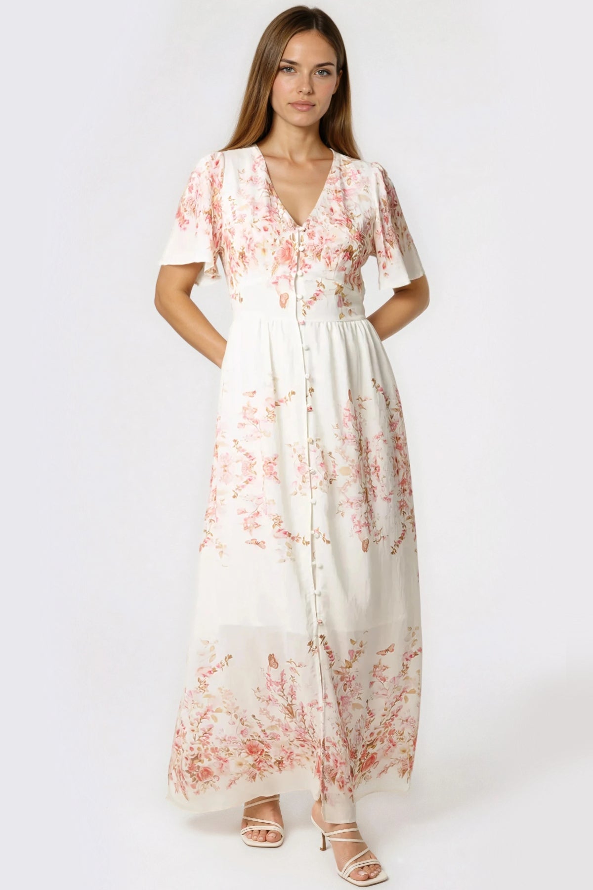 Aftershock London Pink Blossom  Button Through Cotton Maxi Dress