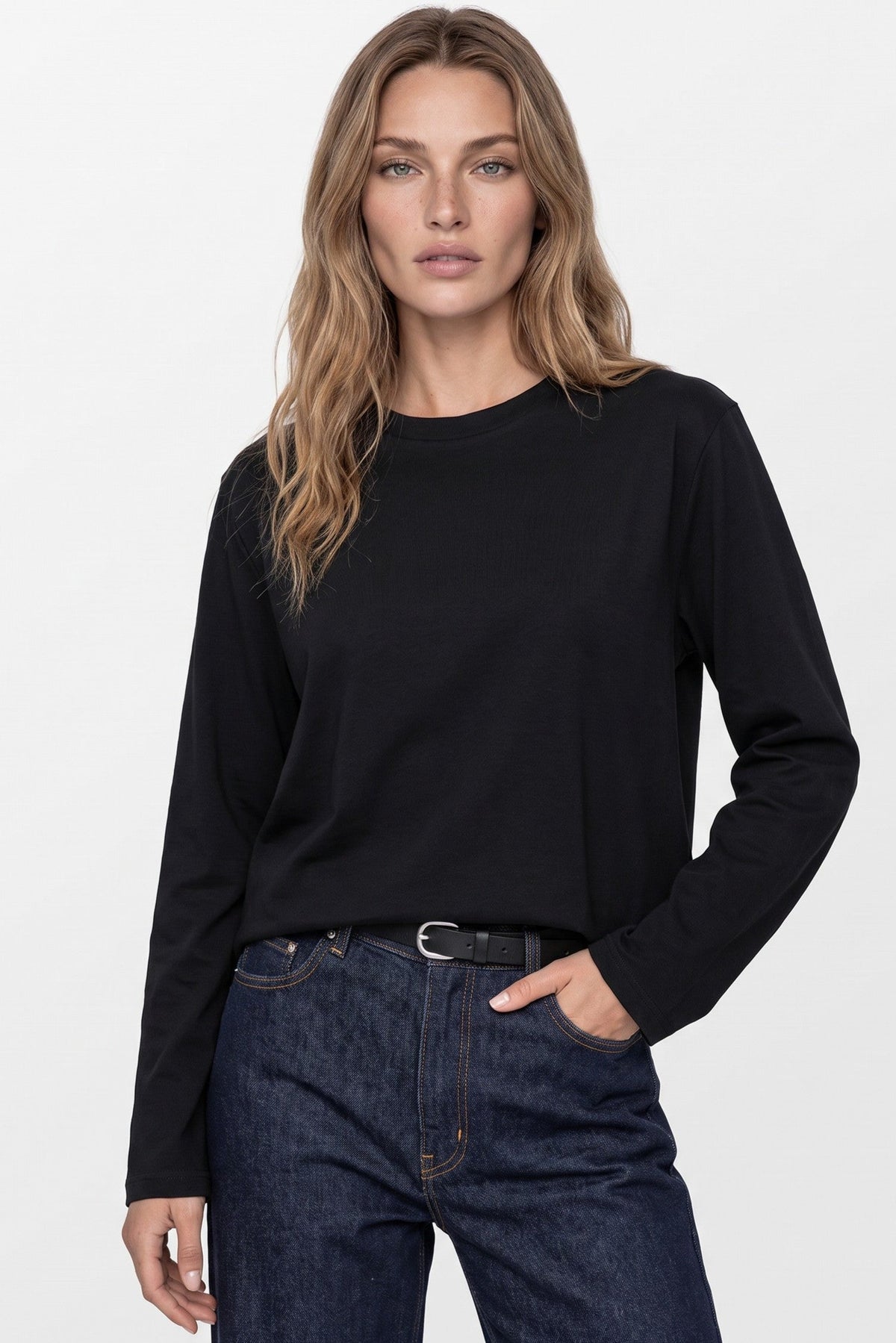 Aftershock London Black Cotton Long Sleeve Round Neck Top