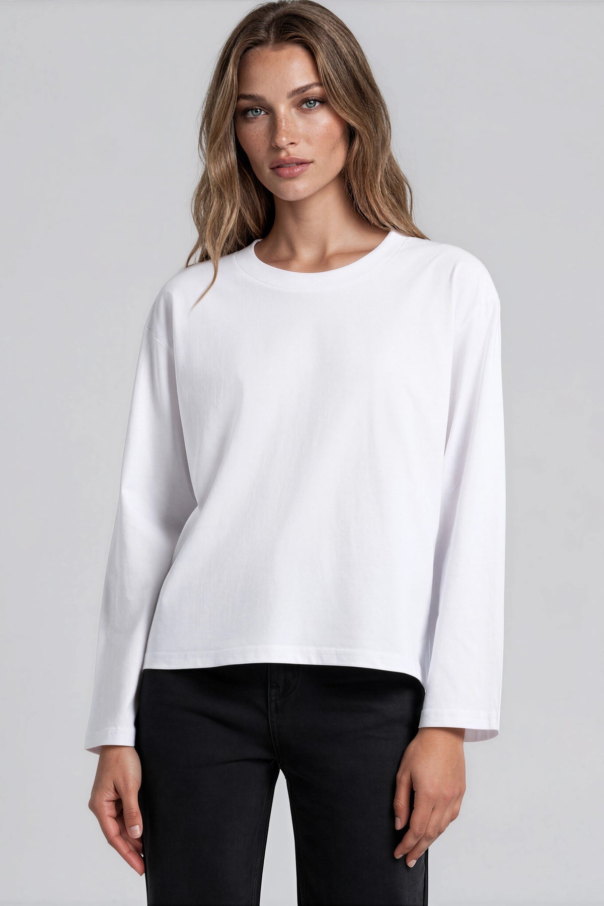 White Cotton Long Sleeve Round Neck Top