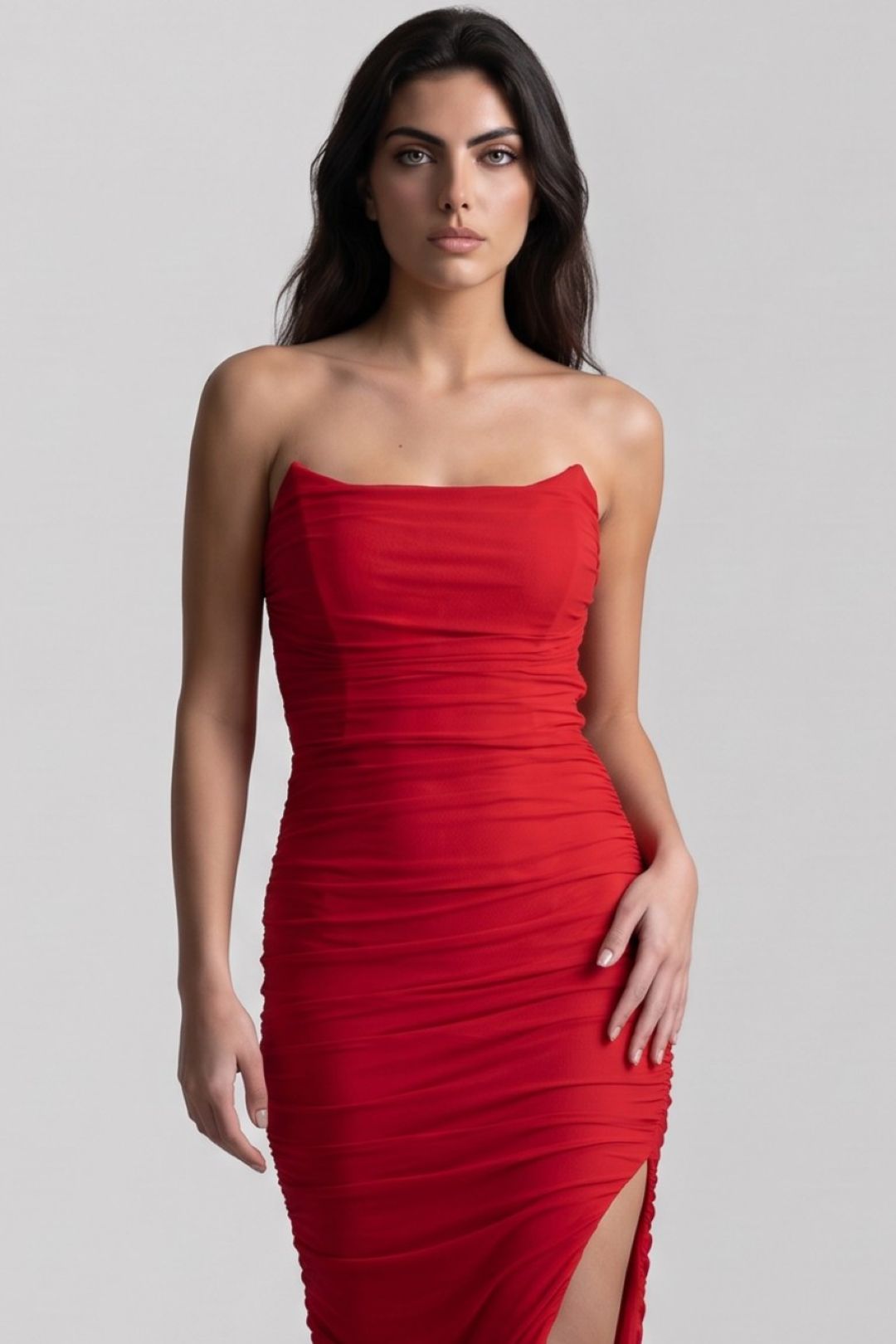 Aftershock London Red Strapless Ruched Maxi Dress with High Slit