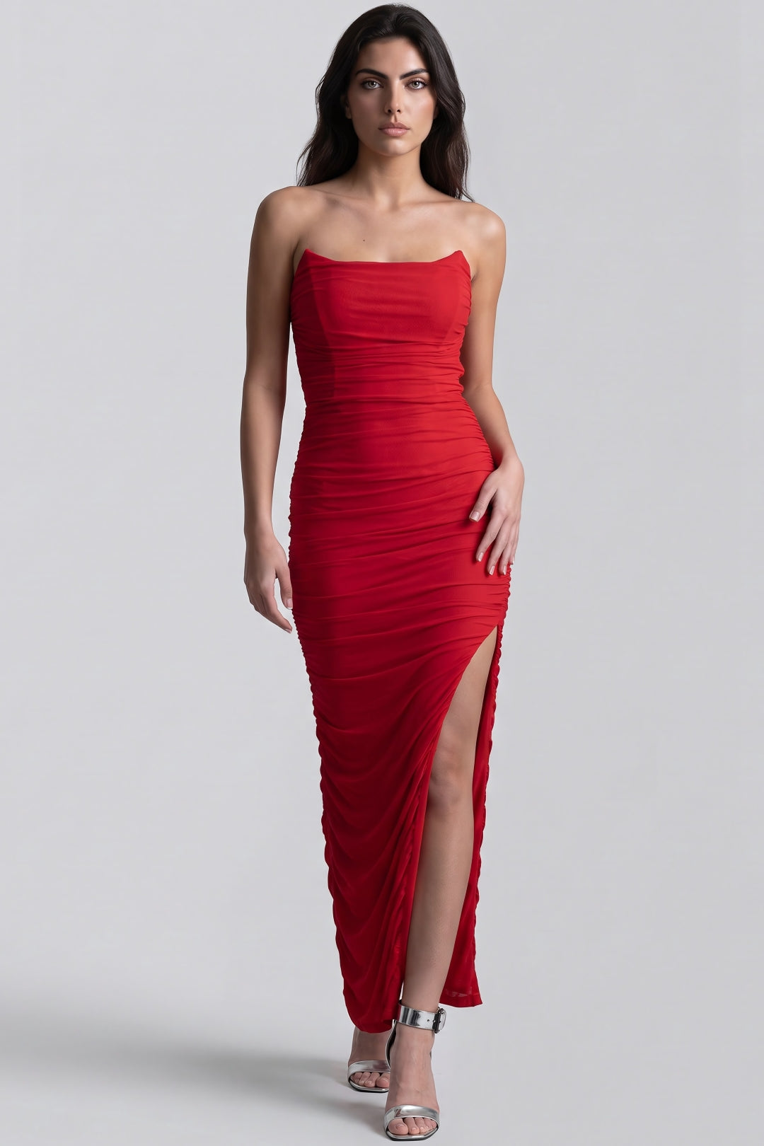 Aftershock London Red Strapless Ruched Maxi Dress with High Slit