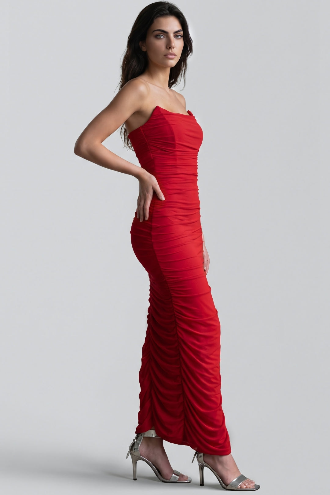 Aftershock London Red Strapless Ruched Maxi Dress with High Slit