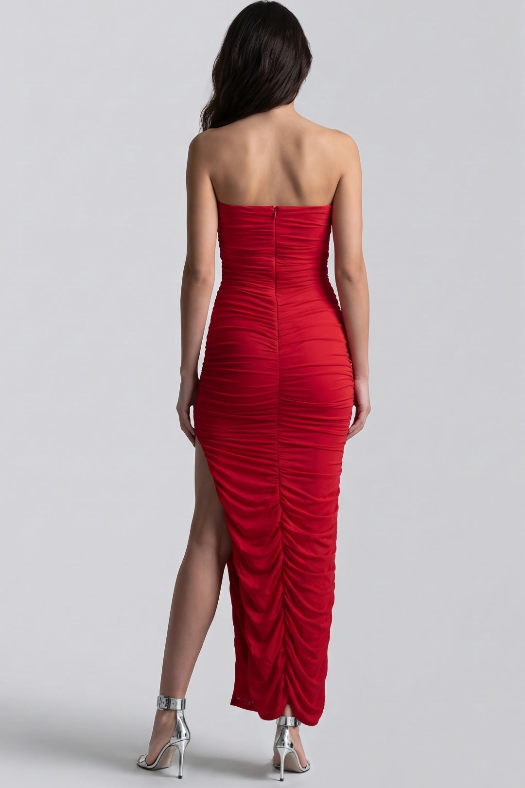 Aftershock London Red Strapless Ruched Maxi Dress with High Slit