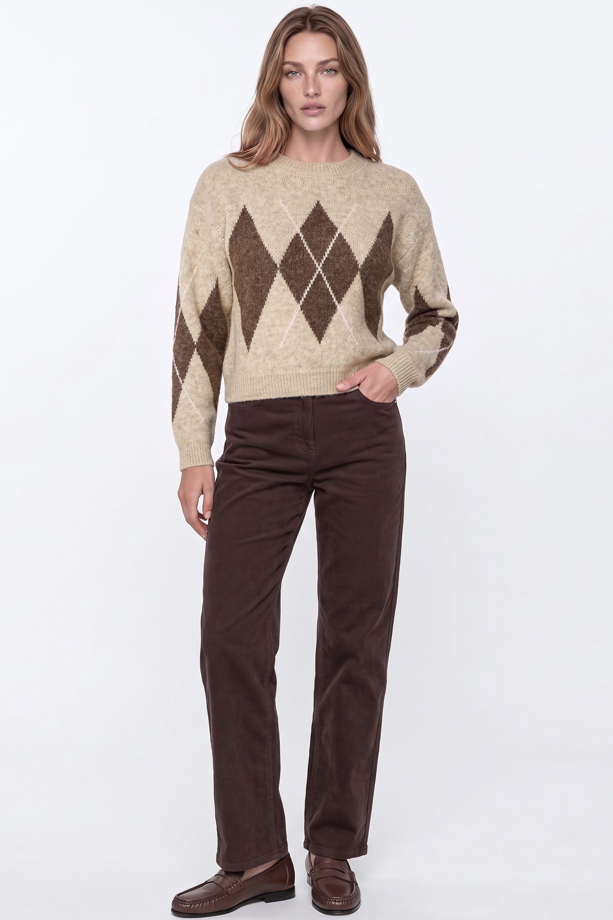 Aftershock London Beige Argyle Pattern Wool Blend Knit Jumper