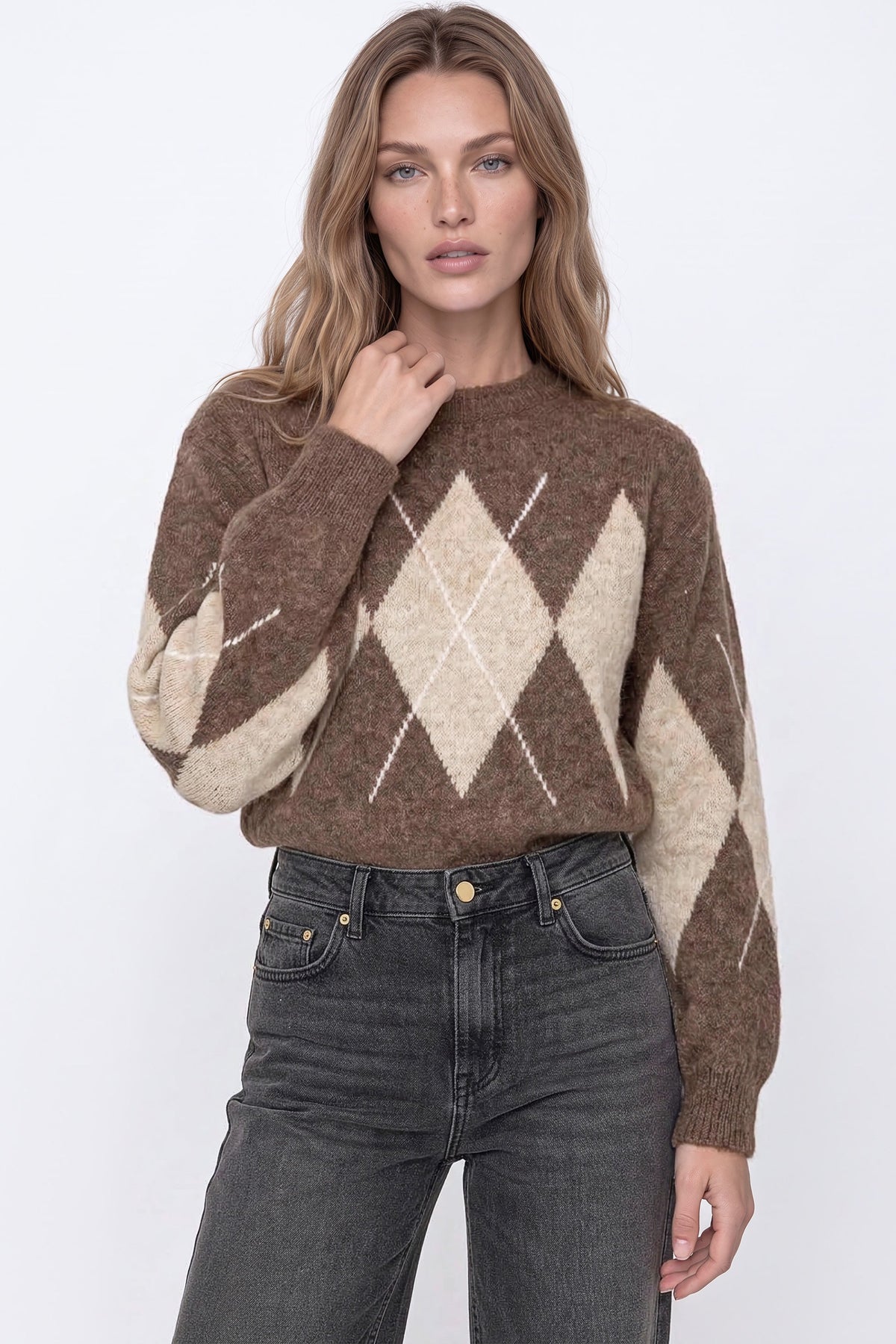 Aftershock London Brown Argyle Pattern Wool Blend Knit Jumper