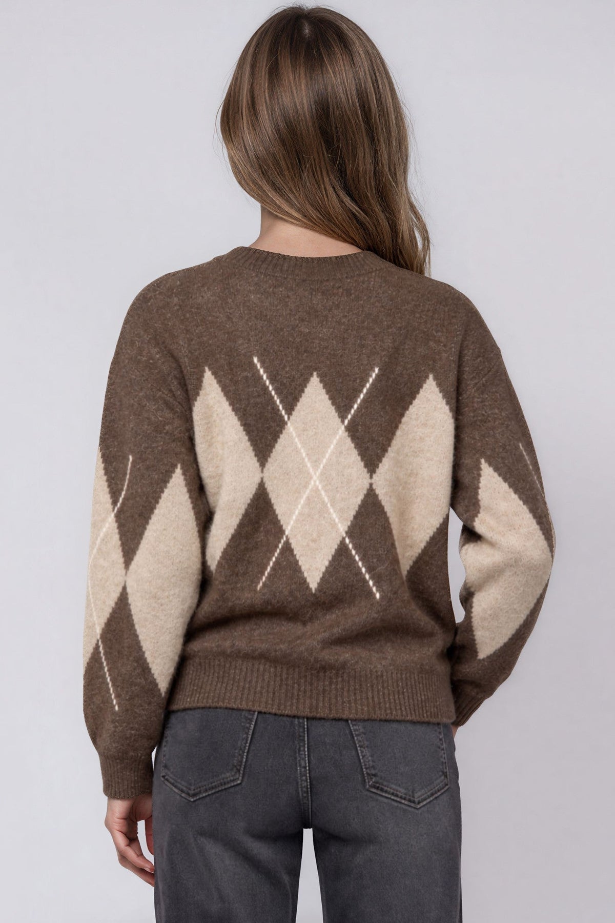 Aftershock London Brown Argyle Pattern Wool Blend Knit Jumper