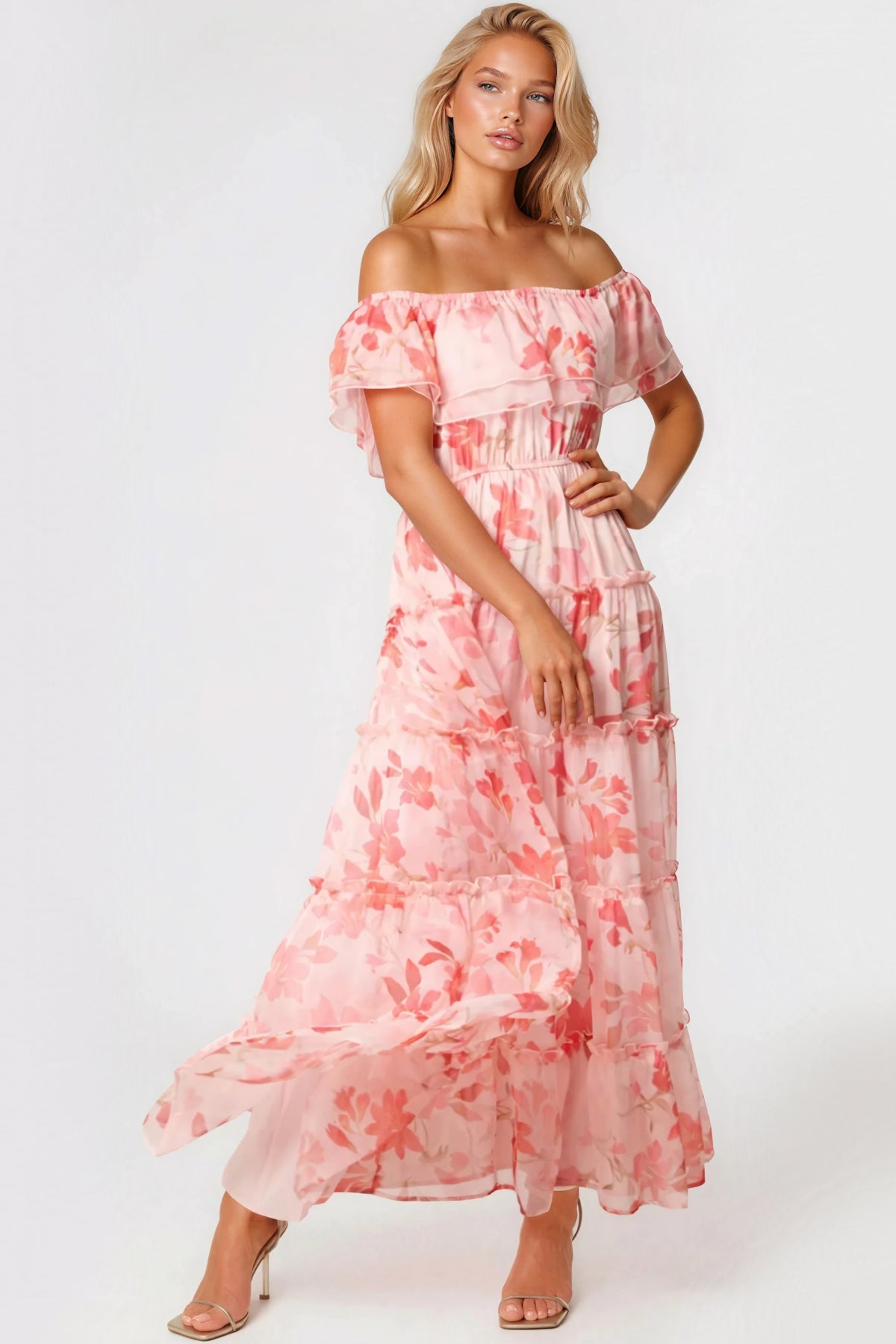 BardotFrillTieredFloralDress-Pink-1