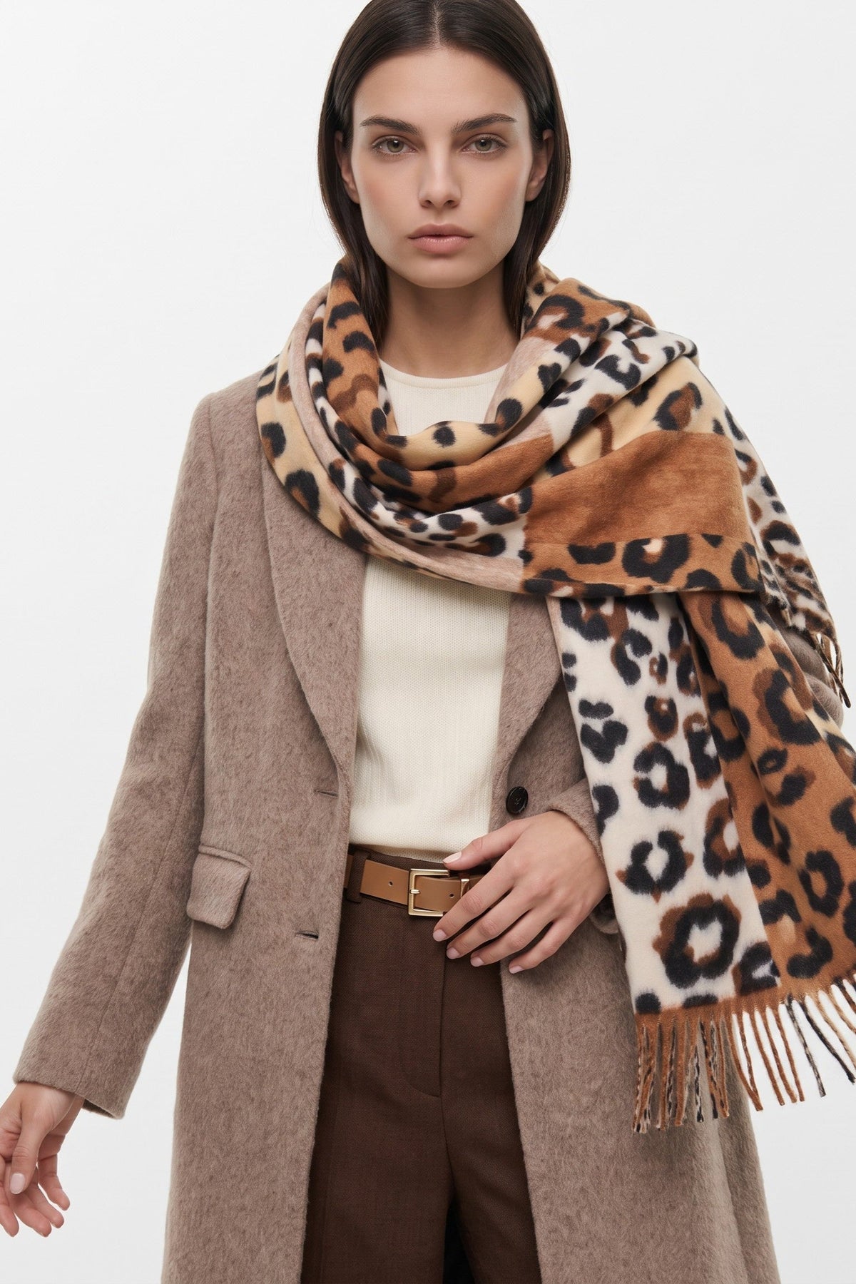 Aftershock London Brown Colour Block Animal Print Scarf