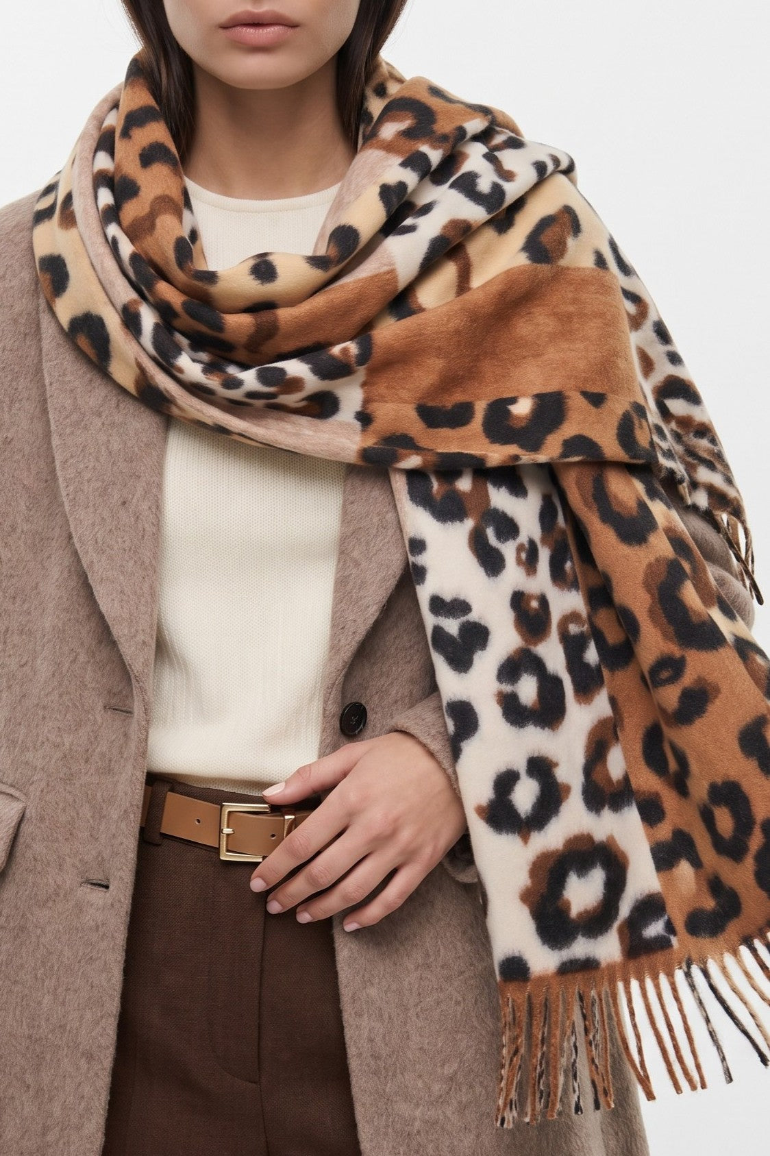 Aftershock London Brown Colour Block Animal Print Scarf