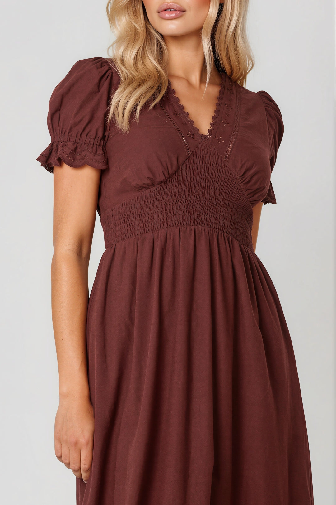Aftershock London Brown Broderie Anglaise V-Neck Cotton Midi Dress