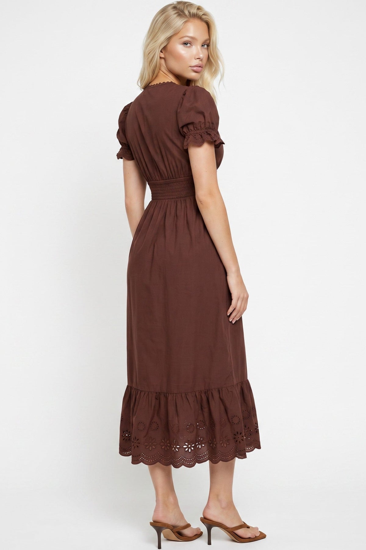 Aftershock London Brown Broderie Anglaise V-Neck Cotton Midi Dress