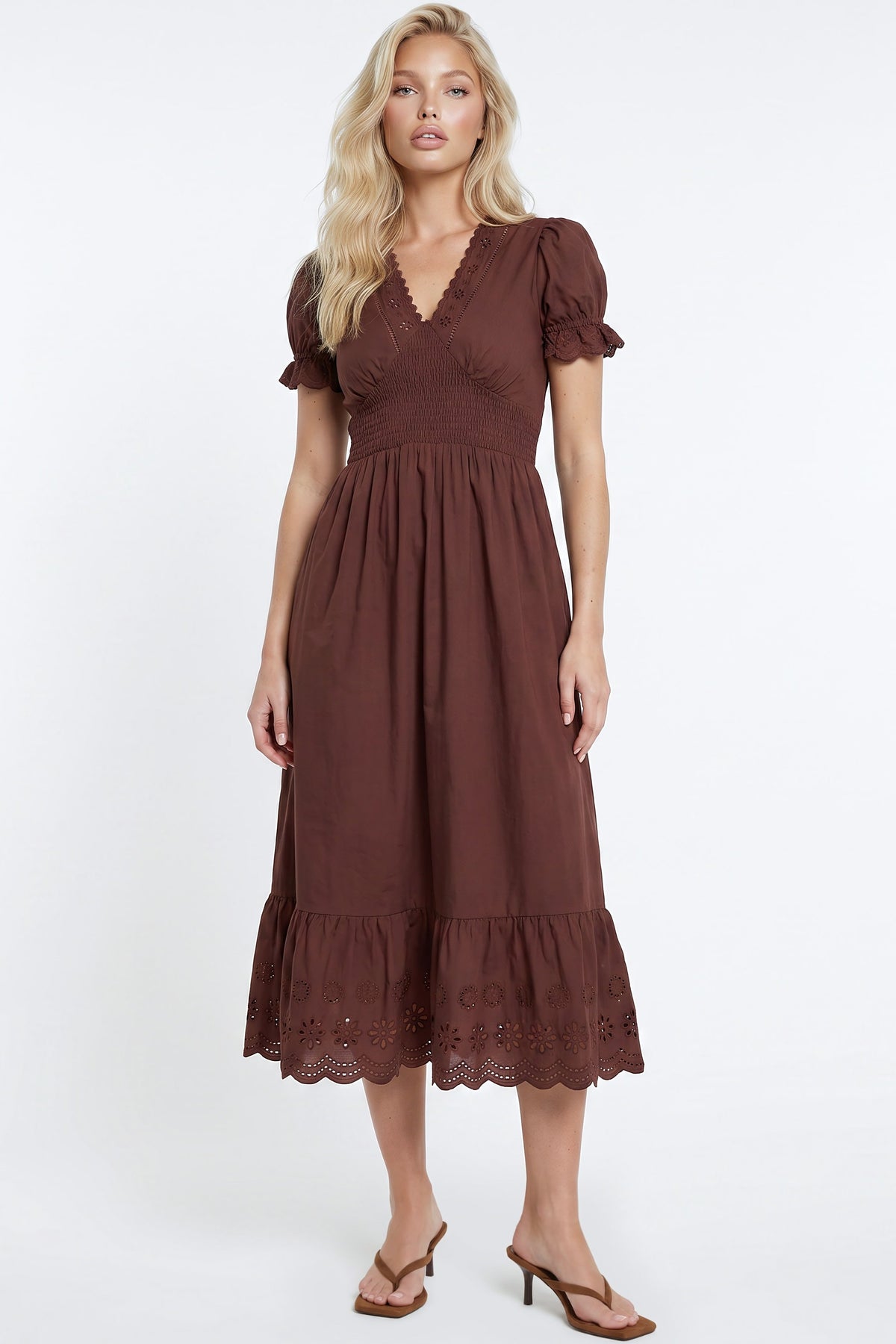Broderie_Anglaise_Detail_V-Neck_Midi_Dress-Brown