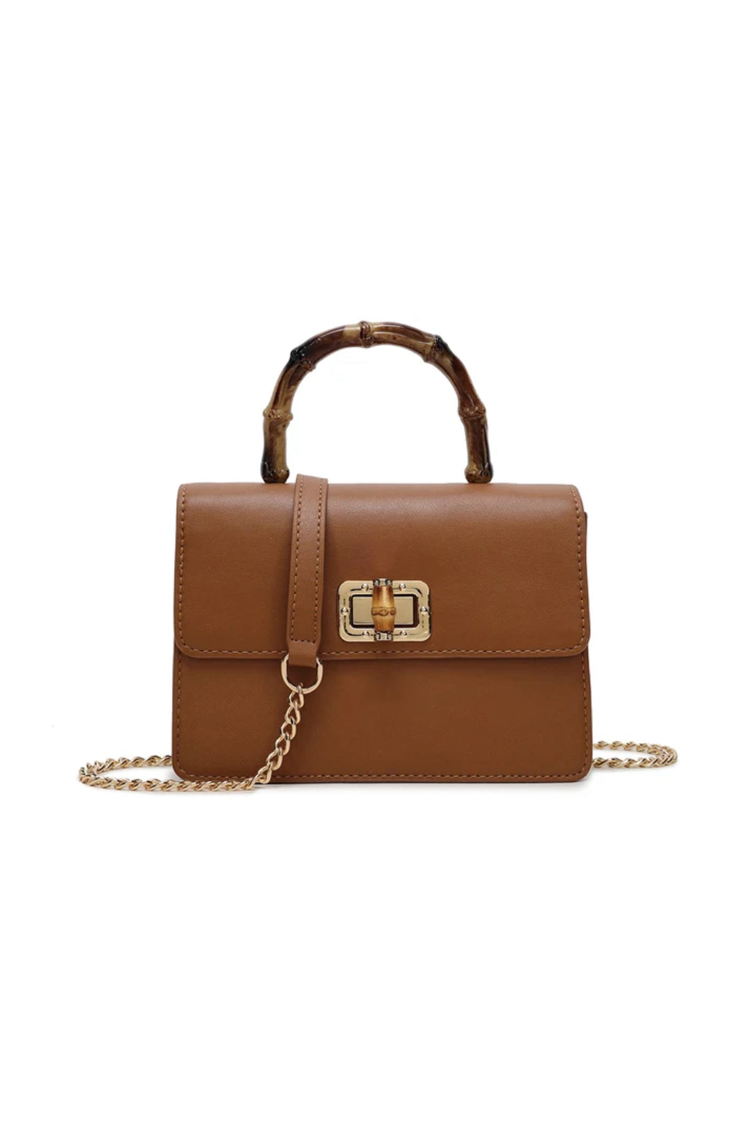 Brown Faux Leather Crossbody Bag with Bamboo Top Handle