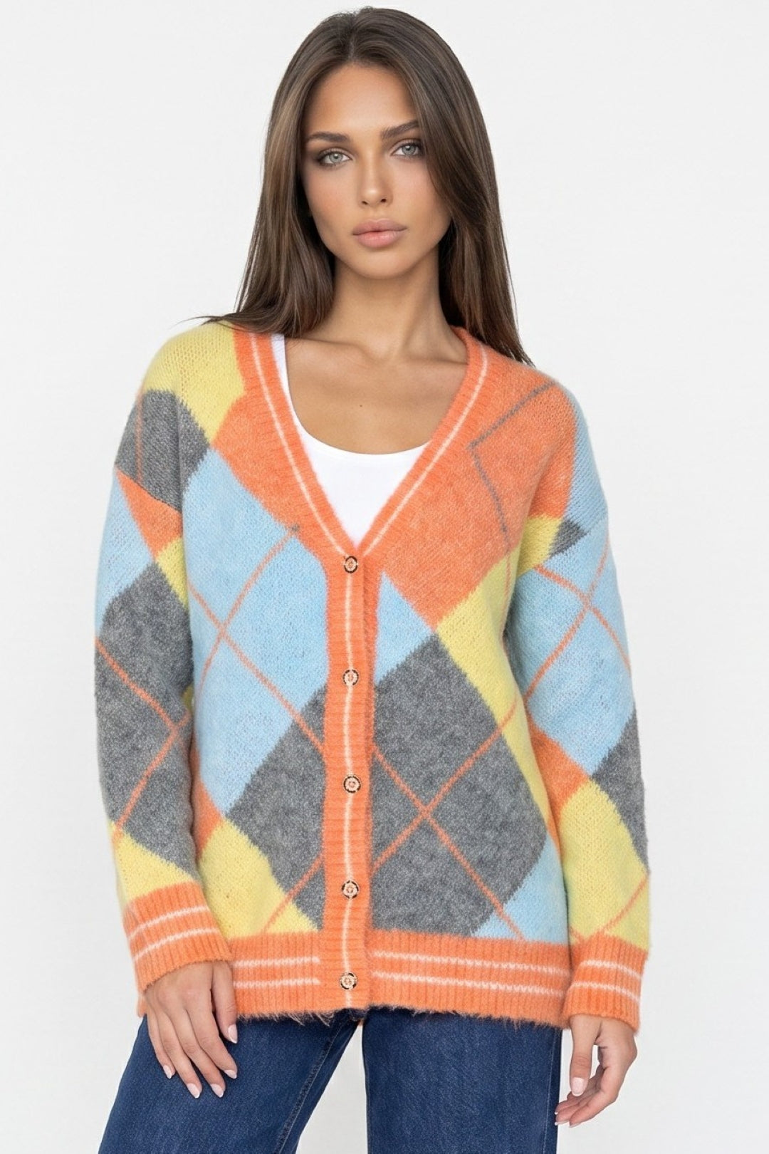 Aftershock London Orange Argyle Wool‑Blend Knit Cardigan