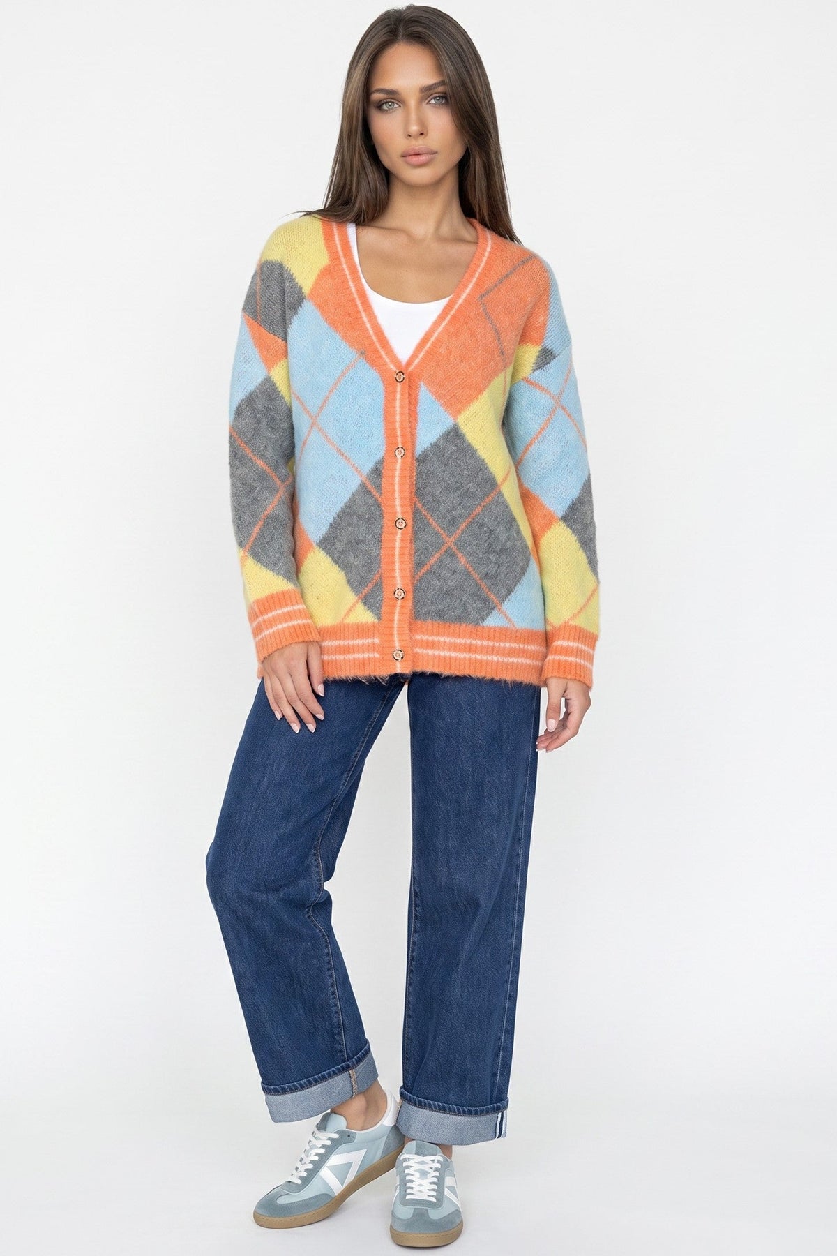 Aftershock London Orange Argyle Wool‑Blend Knit Cardigan