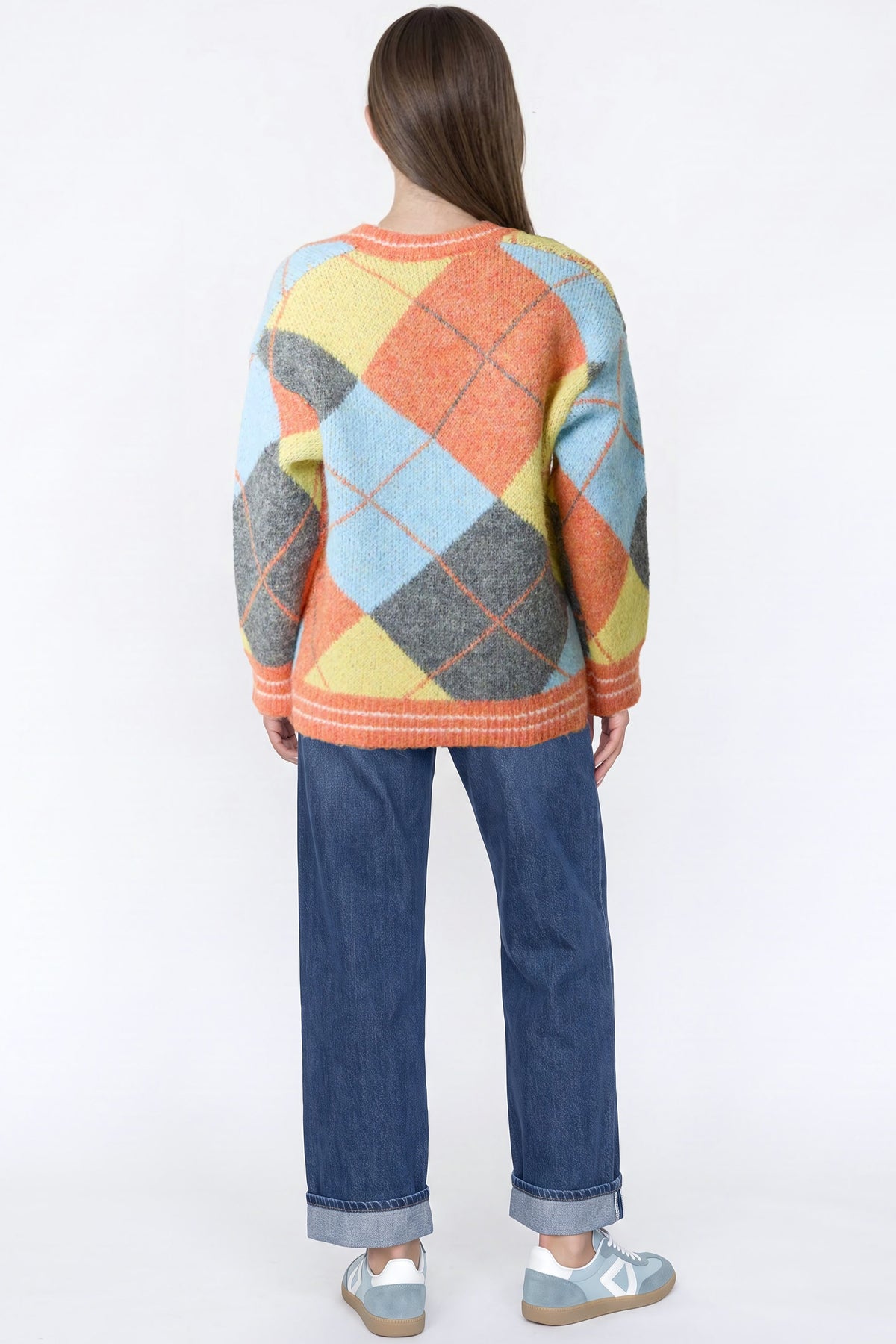 Aftershock London Orange Argyle Wool‑Blend Knit Cardigan
