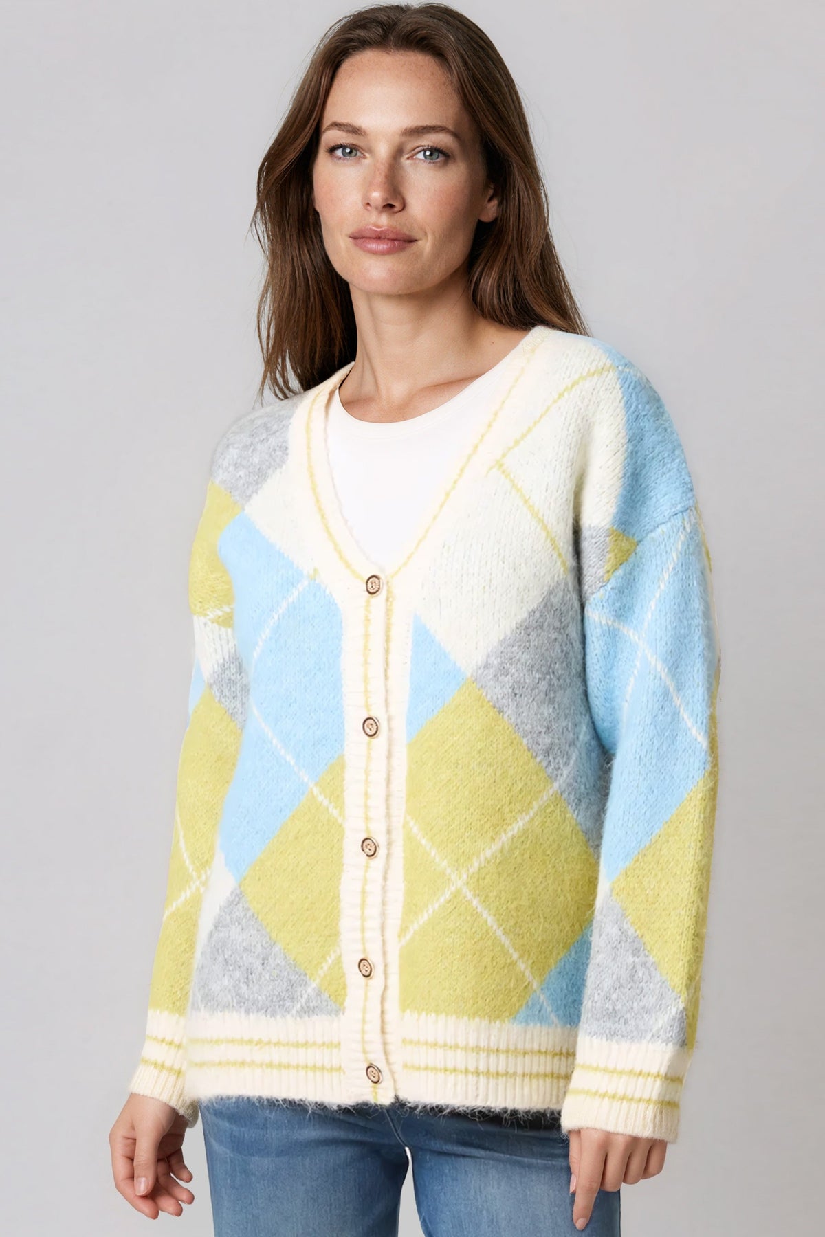 Aftershock London Lime Argyle Wool‑Blend Knit Cardigan