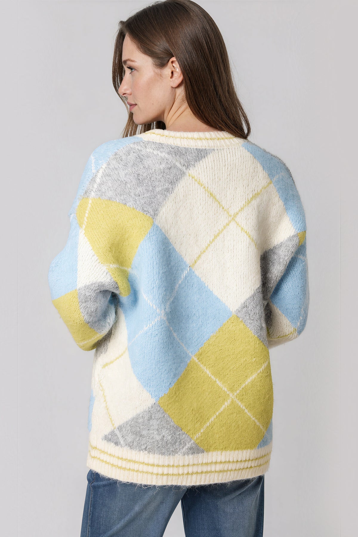 Aftershock London Lime Argyle Wool‑Blend Knit Cardigan