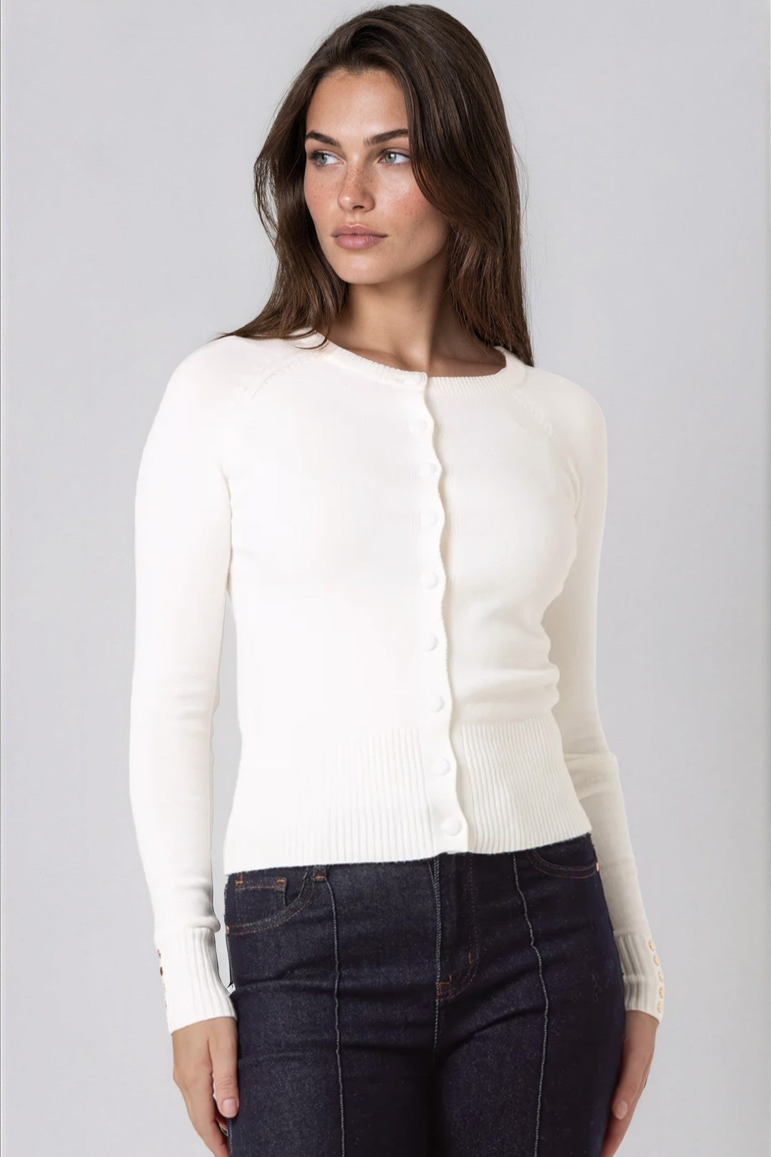 Ivory Fine Knit Crew Neck Cardigan