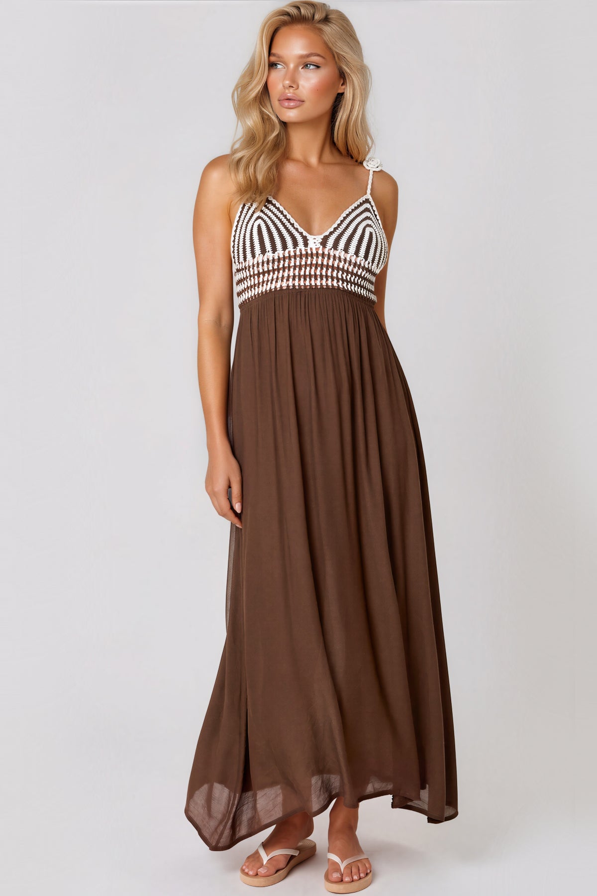 Aftershock London Brown Crochet Strappy Maxi Dress