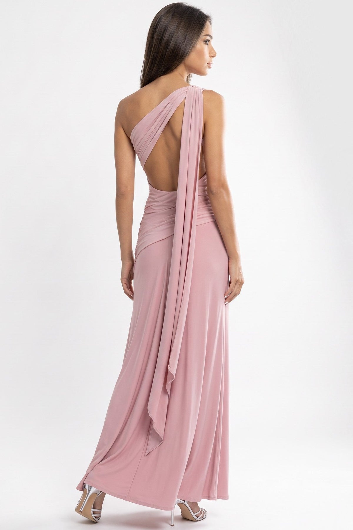 Dusty Pink One‑Shoulder Ruched Maxi Dress with Open Back