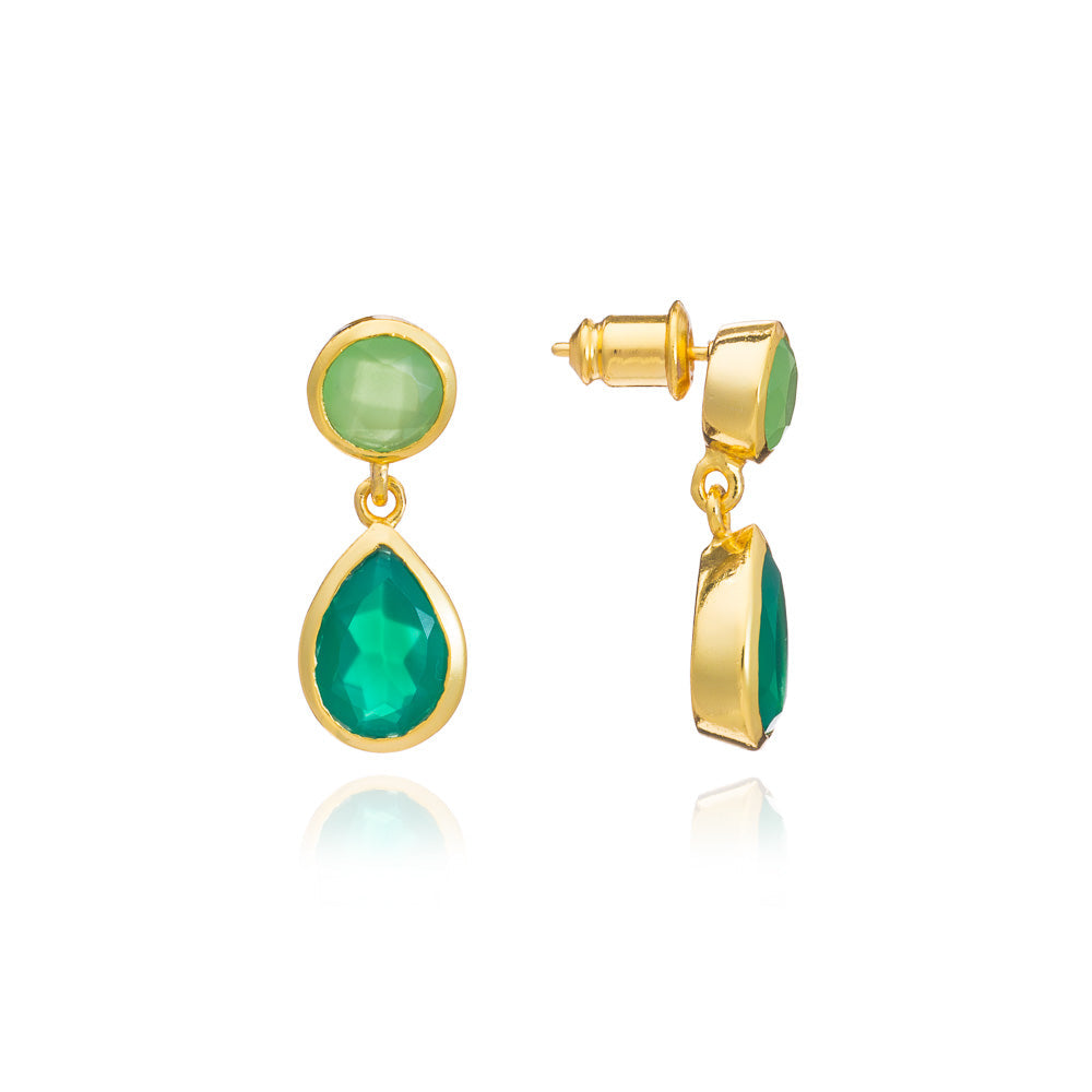Iris Double Gemstone Drop Earrings with Green Onyx & Prenite