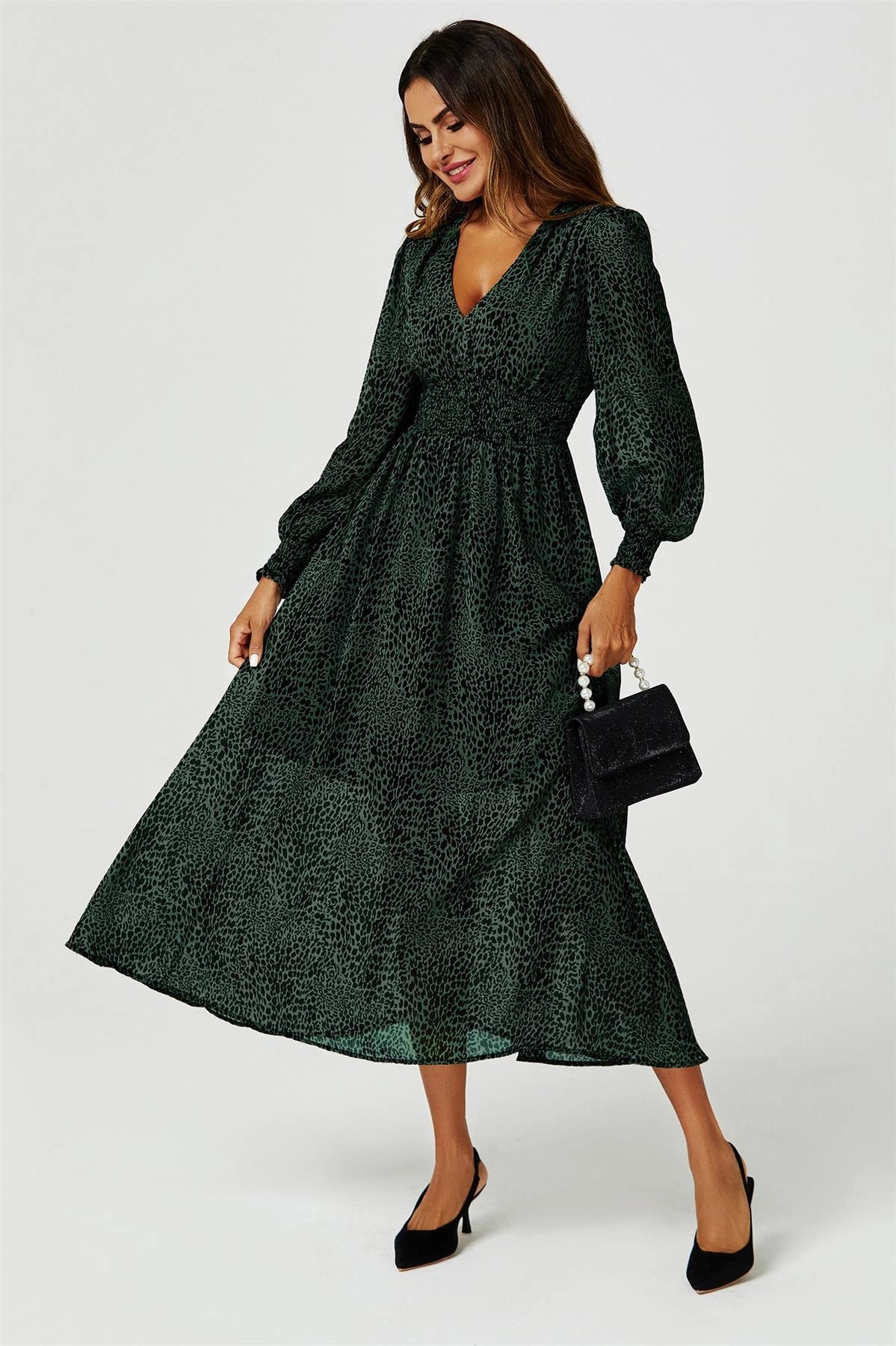 FS Collection Leopard Print Long Sleeve Flowy Green Midi Dress