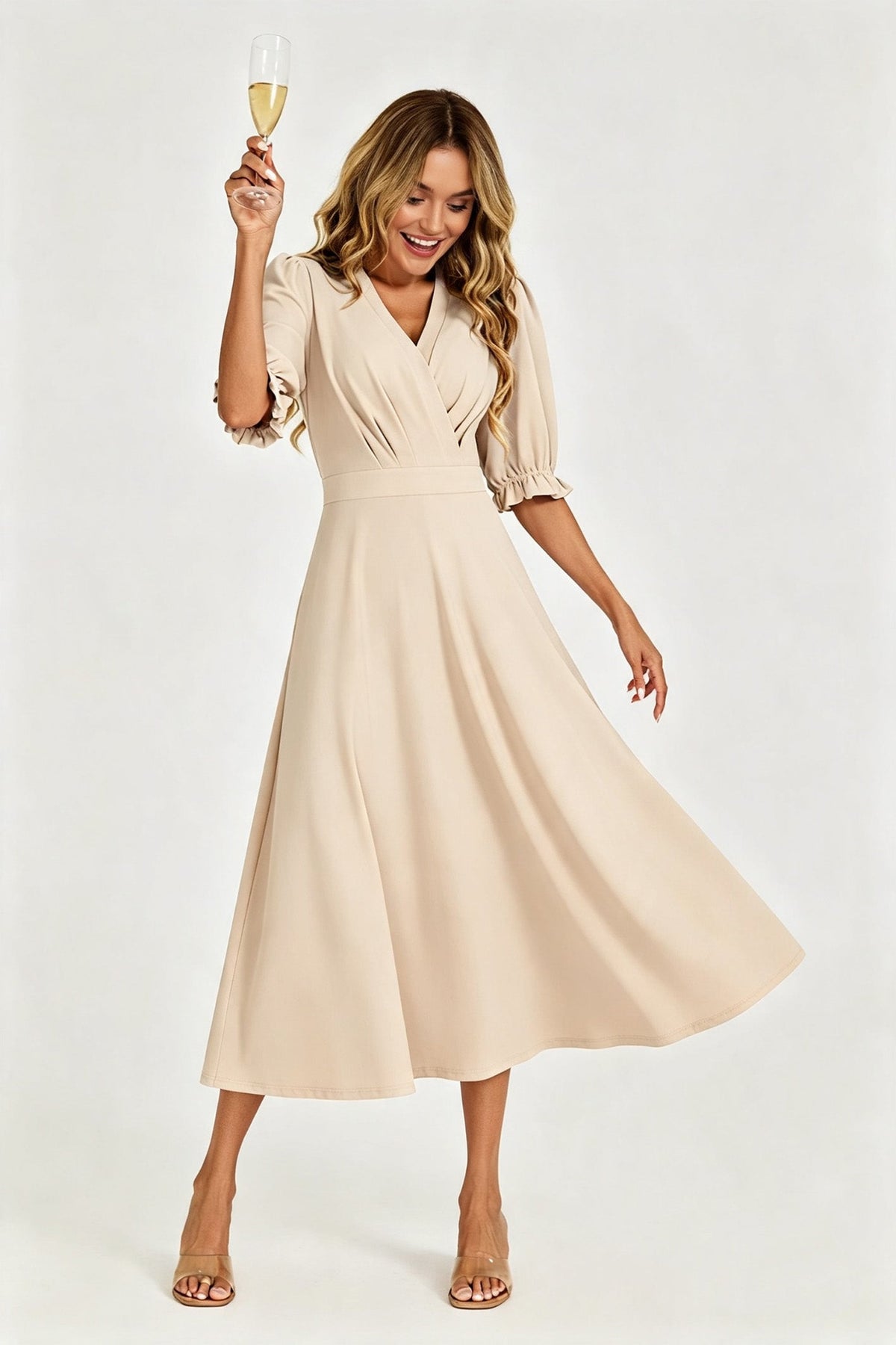 FS Collection Half Sleeves Jersey Midi Dress with Wrap Neckline In Light Oat