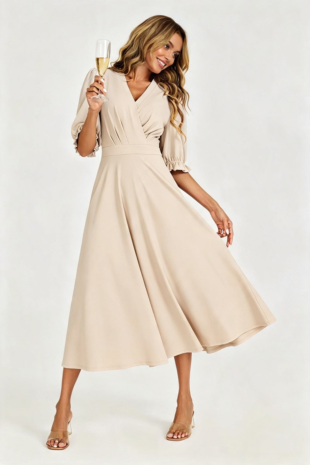 FS Collection Half Sleeves Jersey Midi Dress with Wrap Neckline In Light Oat