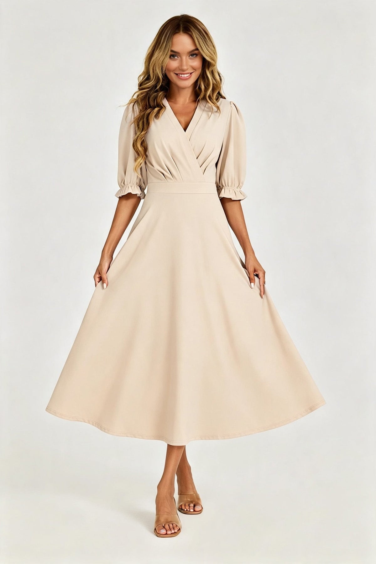 FS Collection Half Sleeves Jersey Midi Dress with Wrap Neckline In Light Oat