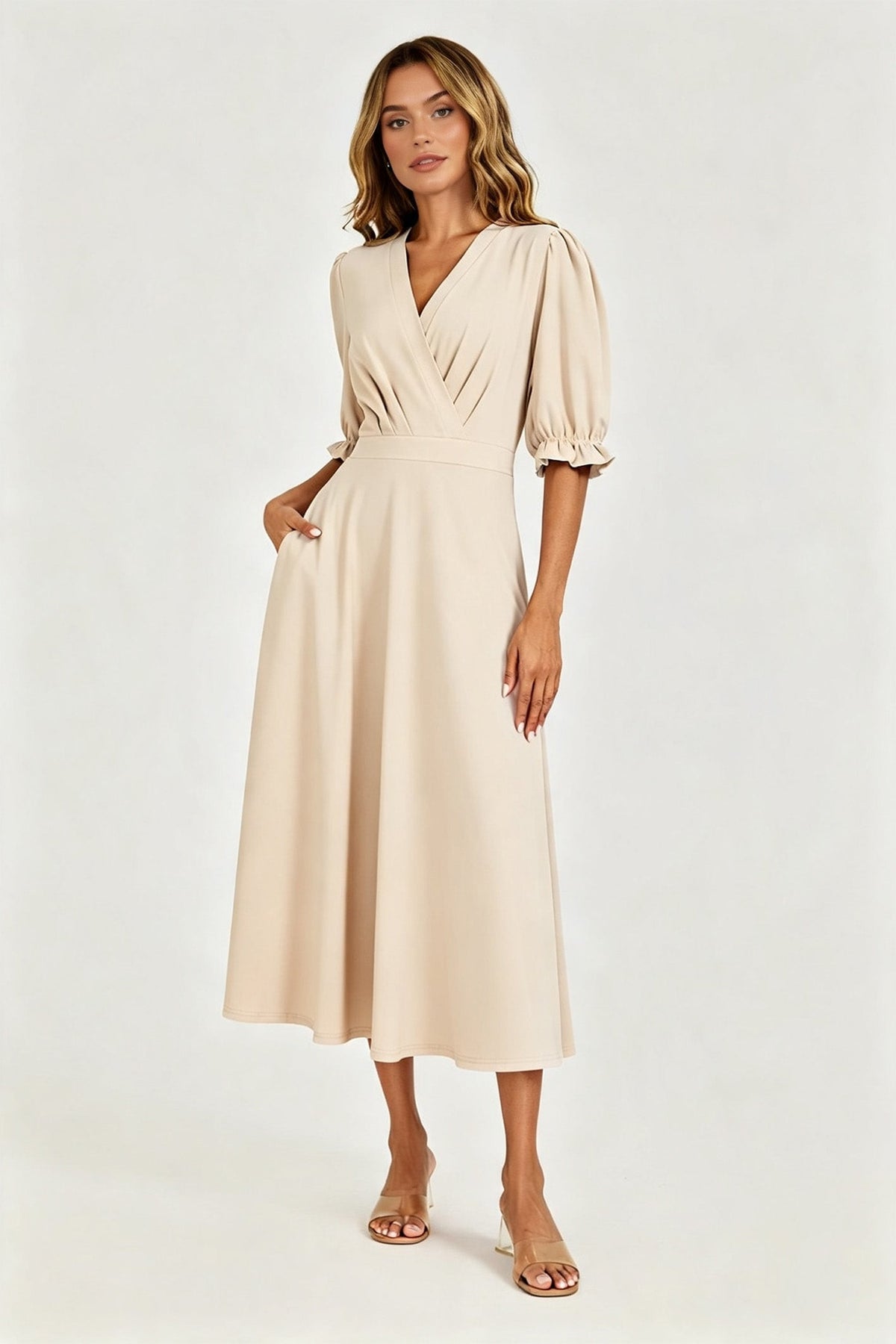 FS Collection Half Sleeves Jersey Midi Dress with Wrap Neckline In Light Oat