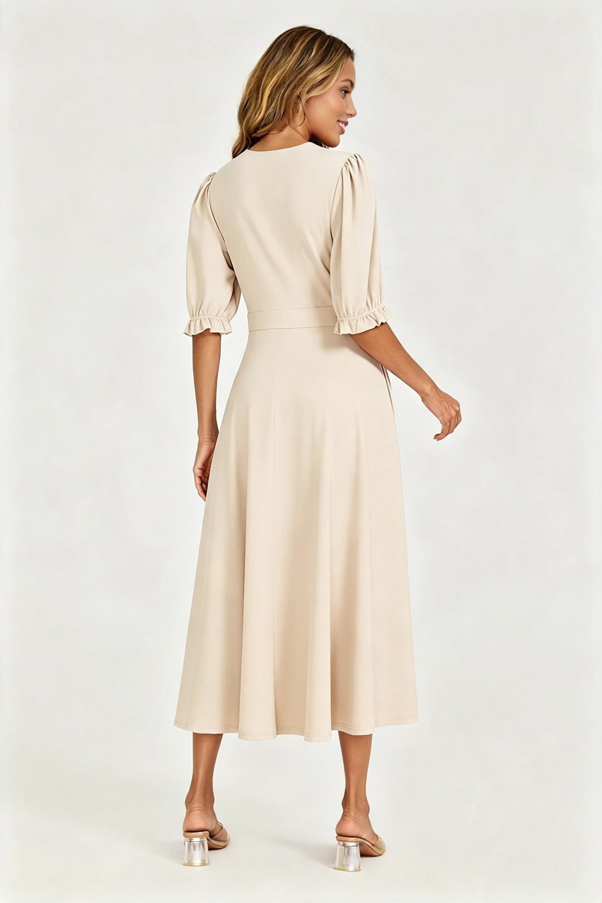 FS Collection Half Sleeves Jersey Midi Dress with Wrap Neckline In Light Oat