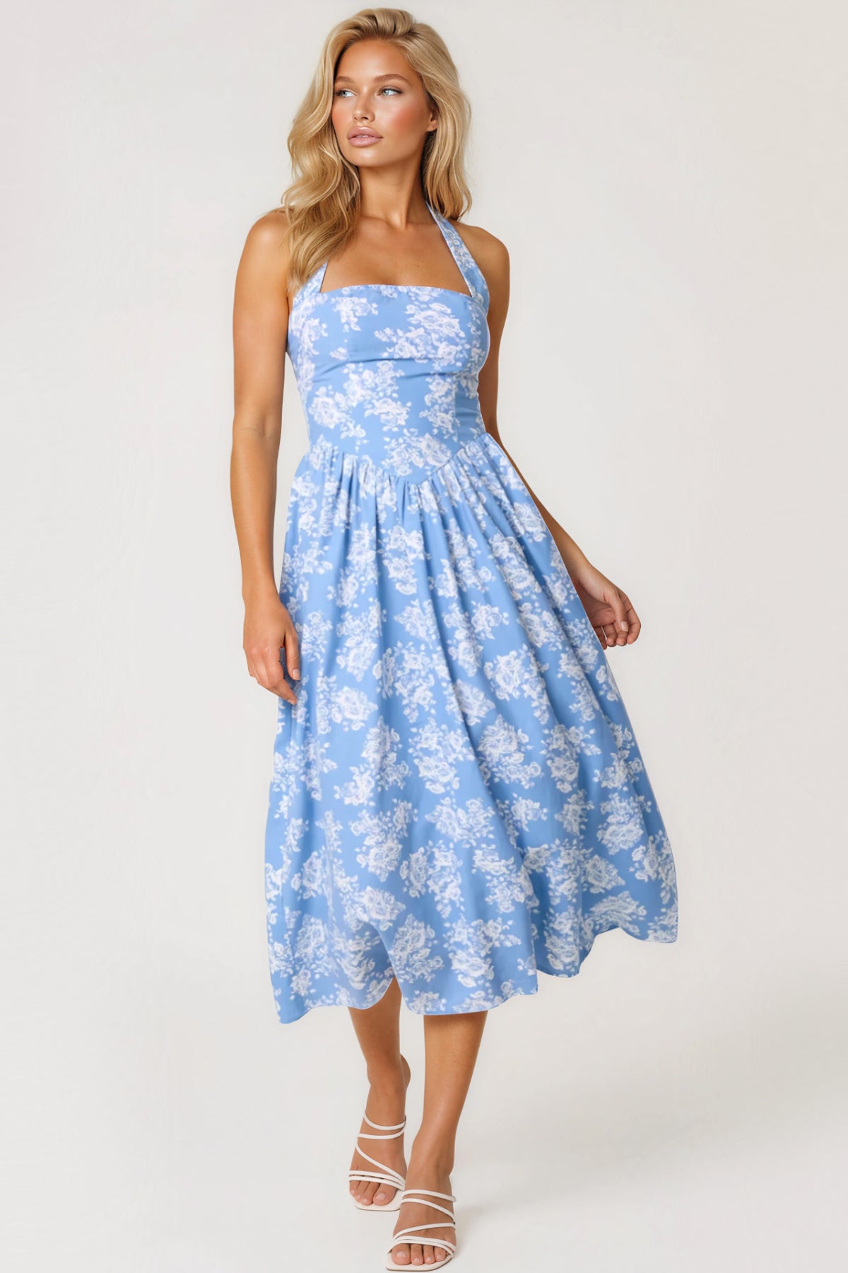 Aftershock London Blue Floral Halterneck Midi Dress