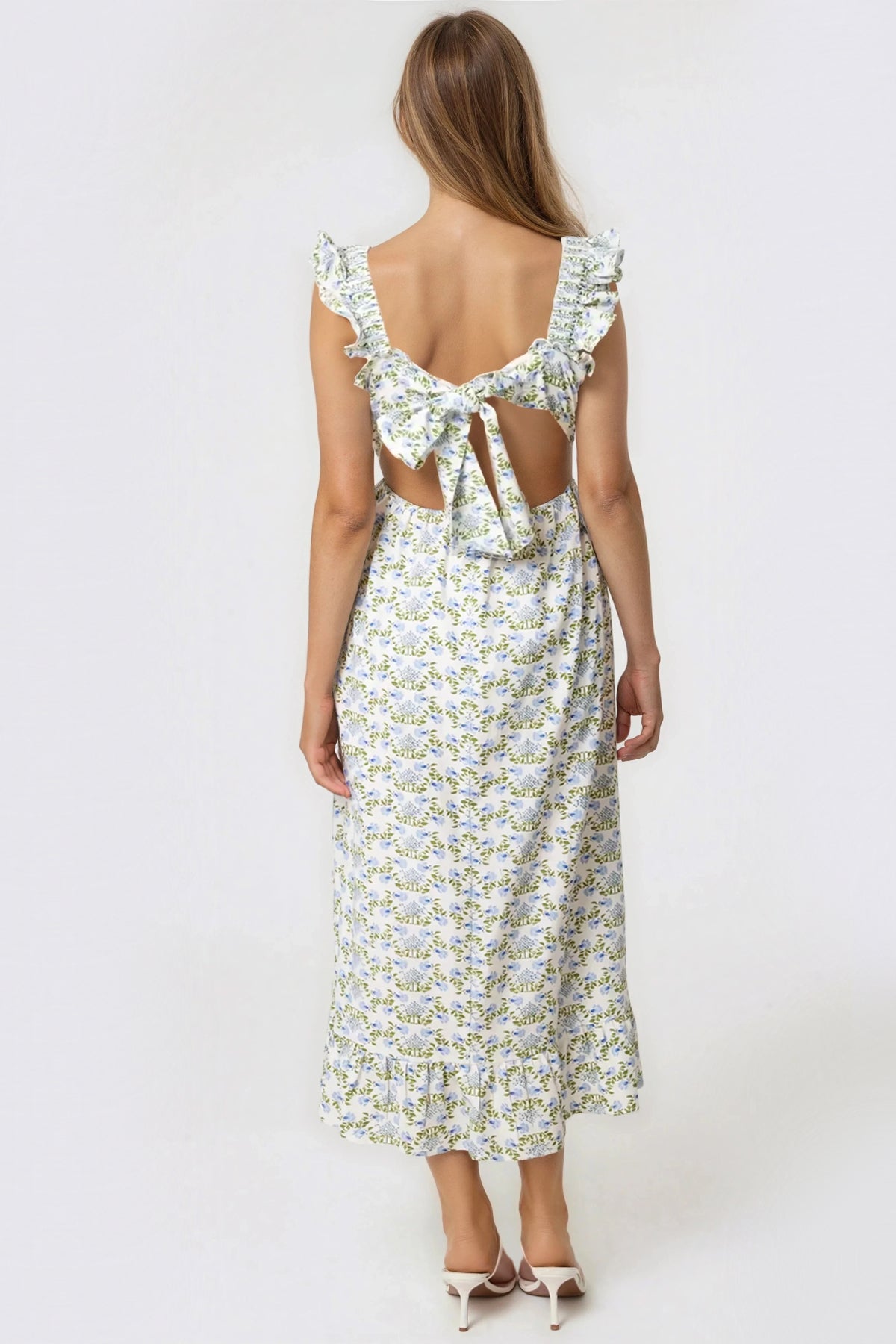 Aftershock LondonBlue Floral Open Tie Back Midi Dress