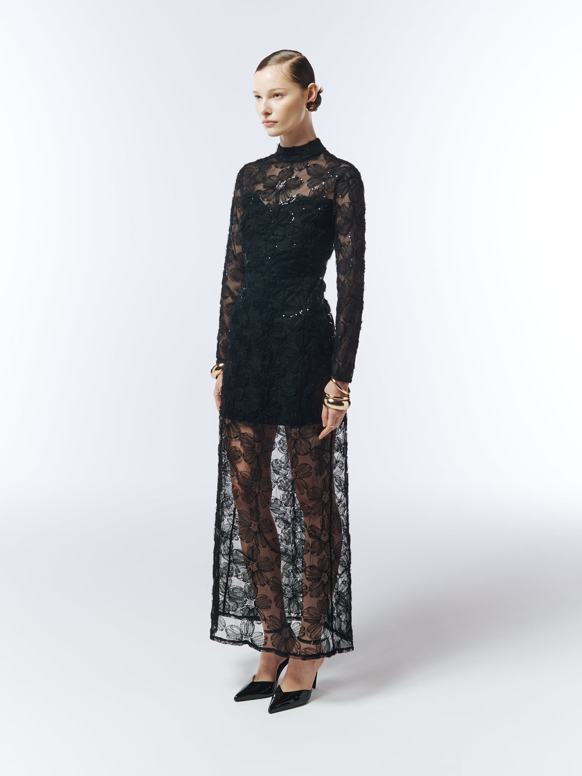 Floral Embroidered Sequin Mesh Evening Dress in Black