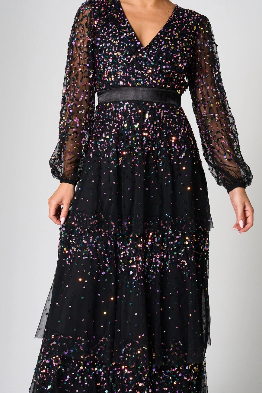 Frock & Frill Iris  Black Iridescent Sequin Layered Maxi Dress